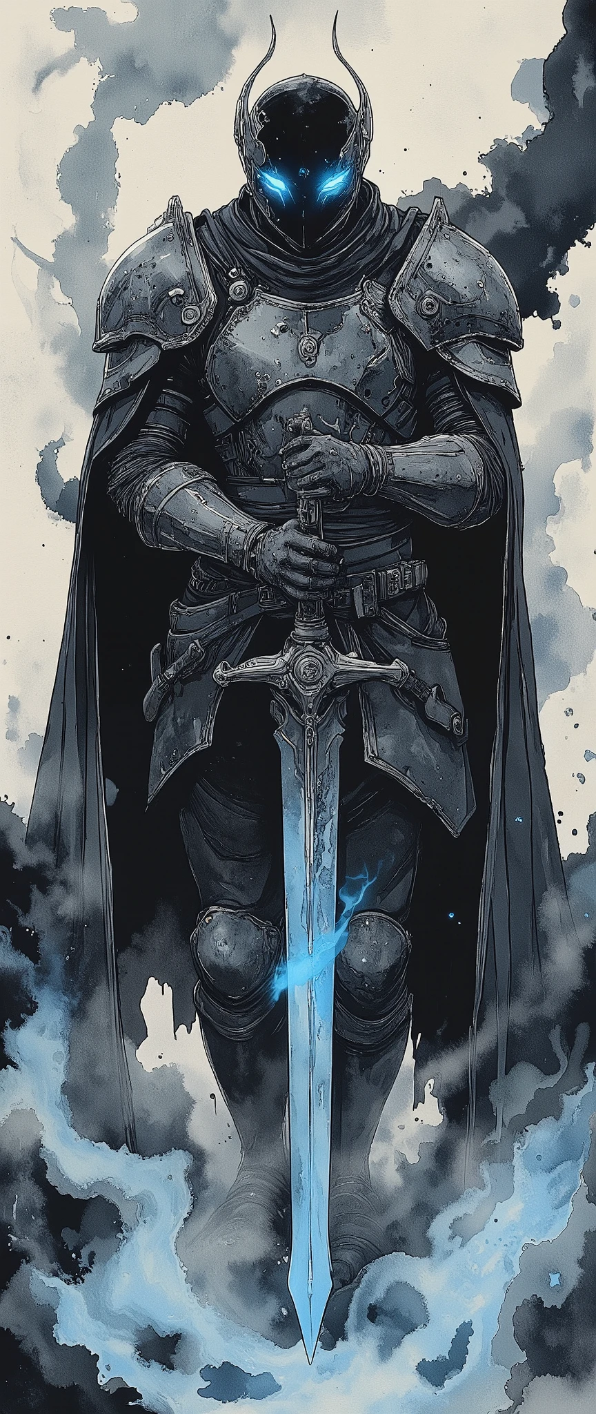 (masterpiece:1.2,Exceptional Quality,Mirror-like, Cinematic Experience , best illustration ,Super detailed),8k,,wallpaper( Dark Soul Style ),(Watercolor),(Knight of the Abyss ), Abyss Sword ,, Abyss Shield , Abyss Armor ,( Blue Glowing Eyes :2.0),(1 person),( The background is a beautiful gradation of black, gray, and blue),(The background is abysmal:2.0)