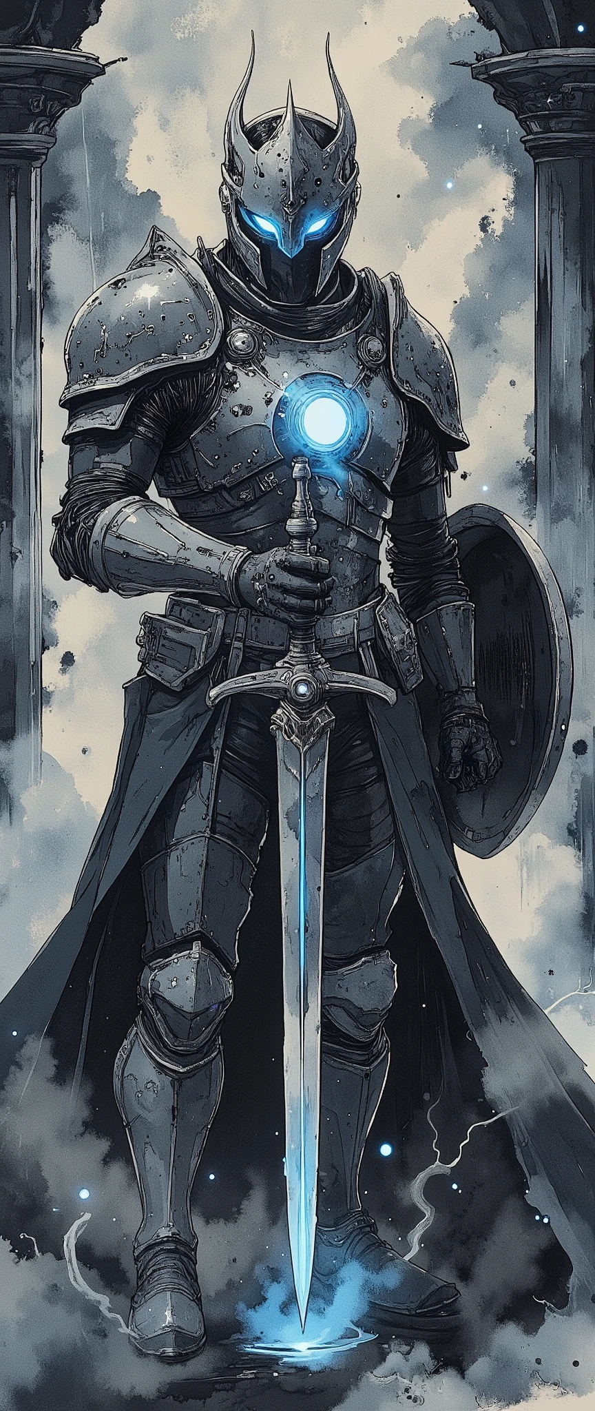 (masterpiece:1.2,Exceptional Quality,Mirror-like, Cinematic Experience , best illustration ,Super detailed),8k,,wallpaper( Dark Soul Style ),(Watercolor),(Knight of the Abyss ), Abyss Sword ,, Abyss Shield , Abyss Armor ,( Blue Glowing Eyes :2.0),(1 person),( The background is a beautiful gradation of black, gray, and blue),(The background is abysmal:2.0)