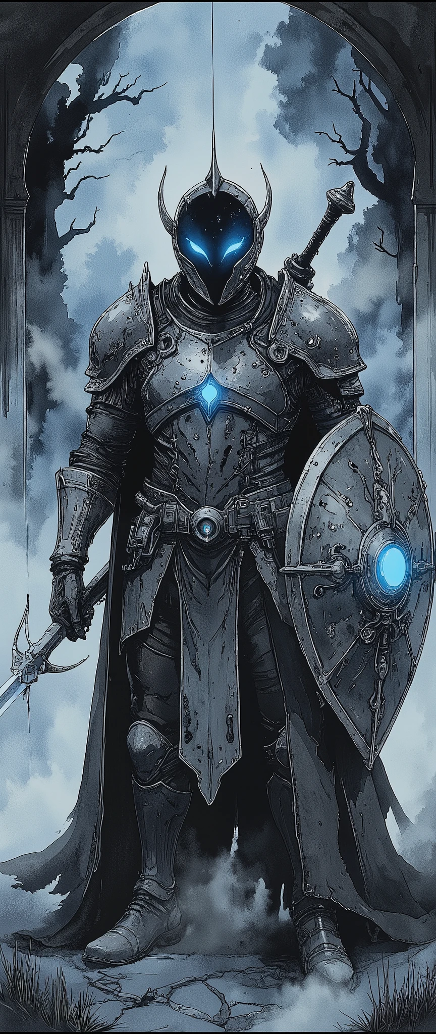 (masterpiece:1.2,Exceptional Quality,Mirror-like, Cinematic Experience , best illustration ,Super detailed),8k,,wallpaper( Dark Soul Style ),(Watercolor),(Knight of the Abyss ), Abyss Sword ,, Abyss Shield , Abyss Armor ,( Blue Glowing Eyes :2.0),(1 person),( The background is a beautiful gradation of black, gray, and blue),(The background is abysmal:2.0)