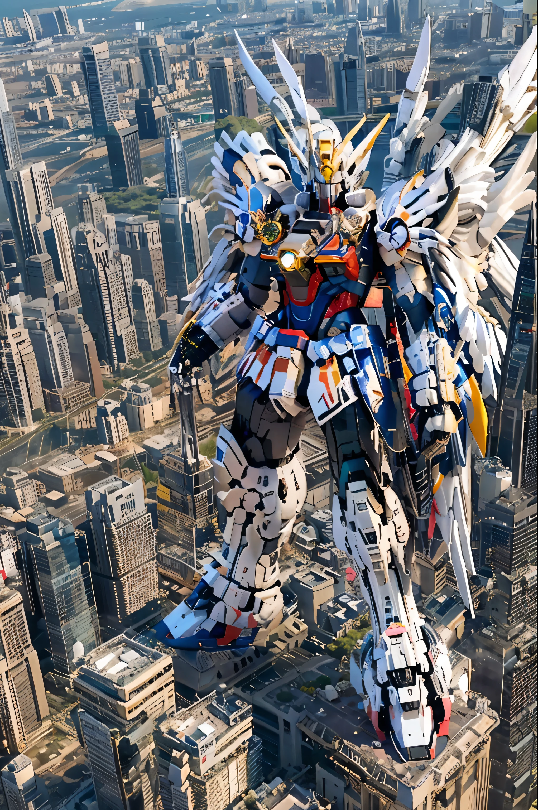 (( Masterpiece  ,  top quality,  Max Image,  high definition ,  photorealistic,  RAW photos , 8k)), (( Highly Detailed CG Unified 8K Wallpaper )),  Wing Gundam Zero,  they spread their wings and soar above an abandoned city,Sword、