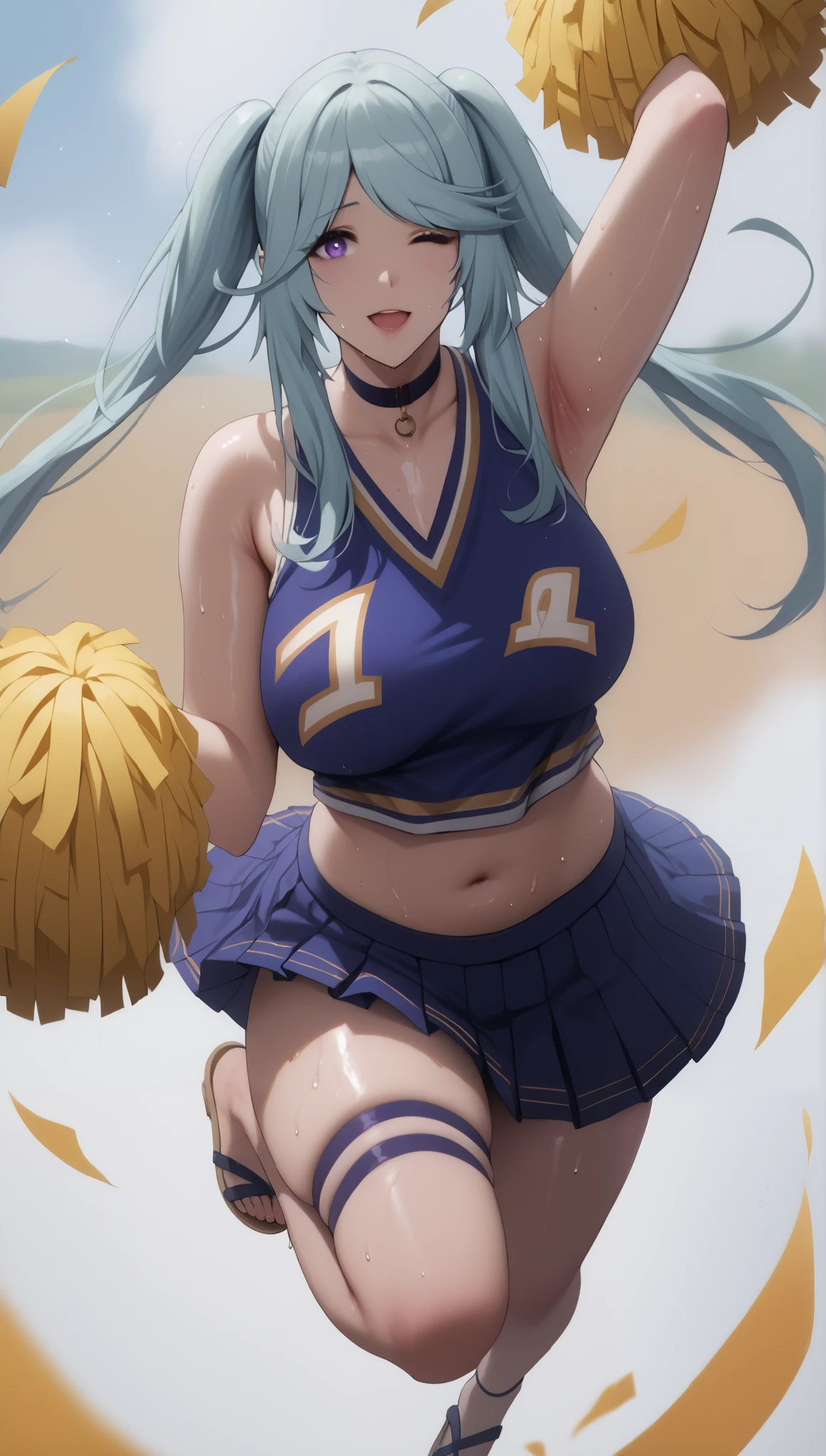 MmmmmKunSnsfW, score_9, score_8_up, score_7_up, score_6_up, score_5_up, score_4_up, uncensored, epsilon, long hair, twintails, blue hair, purple eyes, sidelocks, (skindentation:1.2), (thick:1.2), BREAK (perfect hands, perfect anatomy), beautiful detailed eyes, beautiful detailed lips, extremely detailed face and portrait, elegant expression, soft warm lighting, volumetric lighting, cinematic composition, detailed environment, lush garden, vibrant colors, intricate details, masterpiece, high resolution, digital painting, excessive sweating, sweating profusely, sweating drop, gasping, heavy breathing, hollow eyes (Abstractionism:1.2), BREAK, hearts, pleasured, large breasts, sagging breasts, 1girl, breasts, pom pom \(cheerleading\), cheerleader, solo, skirt, one eye closed, navel, smile, midriff, crop top, open mouth, full body, panties, field, looking at viewer, underwear, white background, pleated skirt, thigh strap, thighs, sandals, sleeveless, arm up, bare shoulders, choker, cloudy sky, dusk, 
