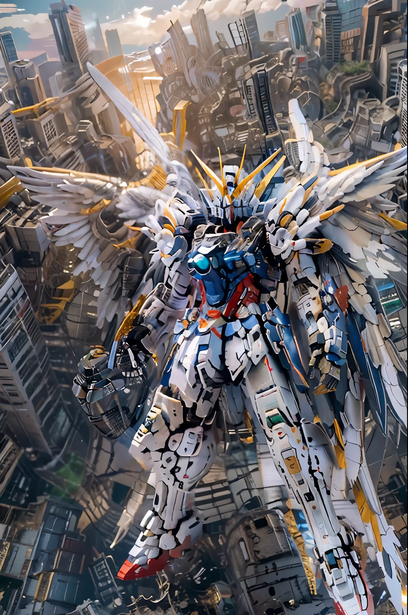 (( Masterpiece  ,  top quality,  Max Image,  high definition ,  photorealistic,  RAW photos , 8k)), (( Highly Detailed CG Unified 8K Wallpaper )),  Wing Gundam Zero,  they spread their wings and soar above an abandoned city,Sword、