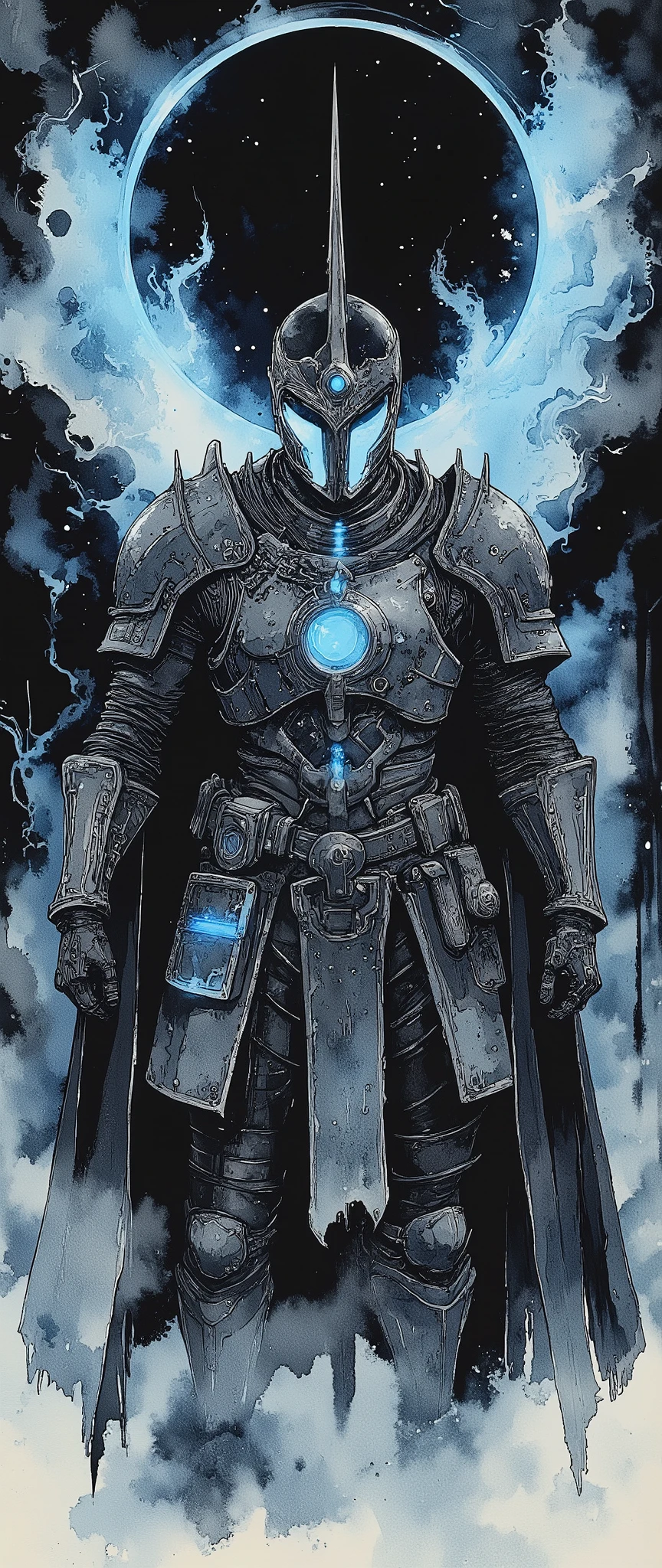 (masterpiece:1.2,Exceptional Quality,Mirror-like, Cinematic Experience , best illustration ,Super detailed),8k,,wallpaper( Dark Soul Style ),(Watercolor),(Knight of the Abyss ), Abyss Sword ,, Abyss Shield , Abyss Armor ,( Blue Glowing Eyes :2.0),(1 person),( The background is a beautiful gradation of black, gray, and blue),(The background is abysmal:2.0)