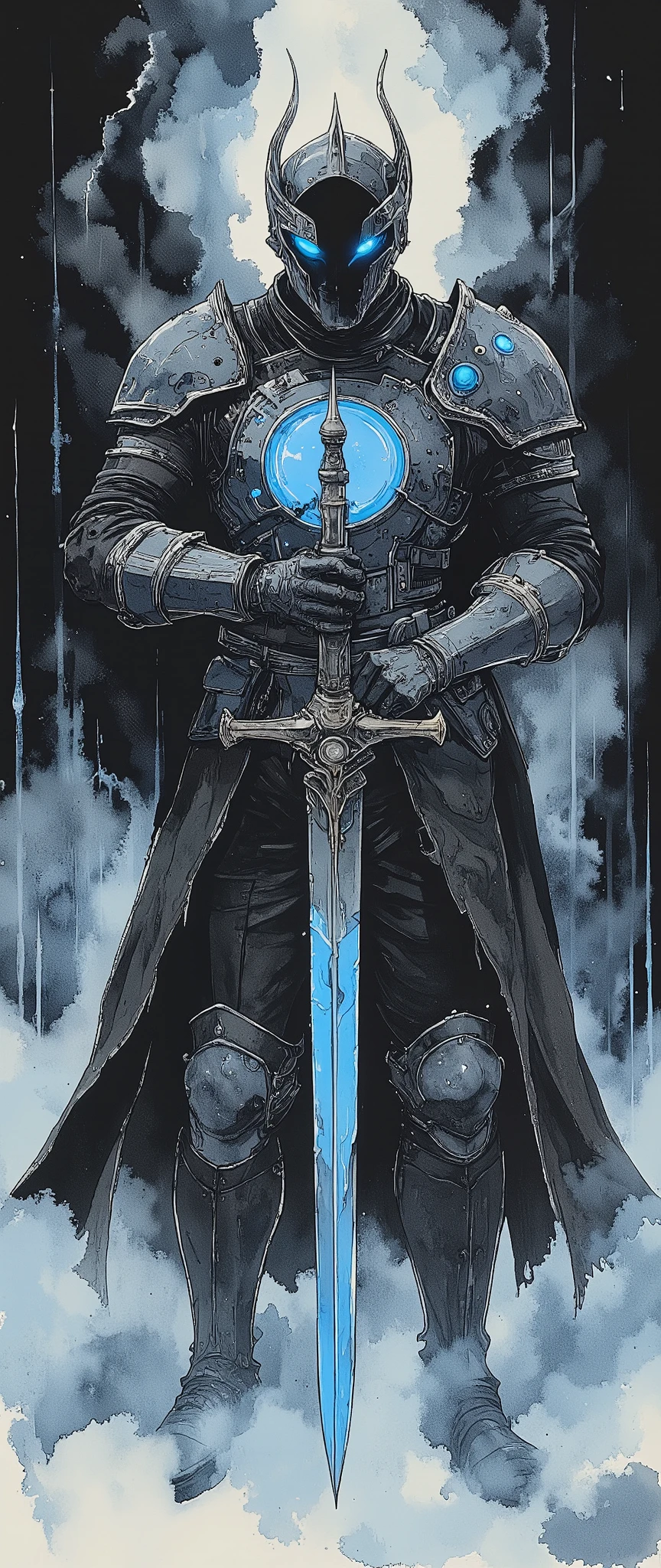 (masterpiece:1.2,Exceptional Quality,Mirror-like, Cinematic Experience , best illustration ,Super detailed),8k,,wallpaper( Dark Soul Style ),(Watercolor),(Knight of the Abyss ), Abyss Sword ,, Abyss Shield , Abyss Armor ,( Blue Glowing Eyes :2.0),(1 person),( The background is a beautiful gradation of black, gray, and blue),(The background is abysmal:2.0)