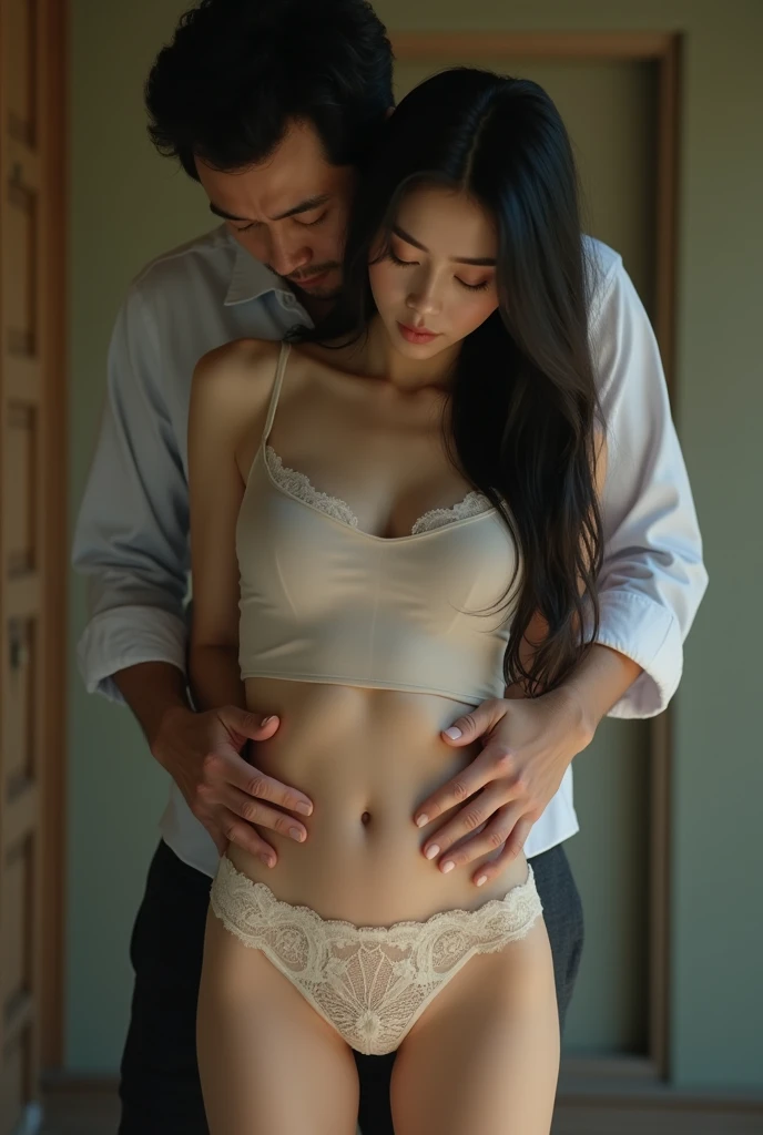 Caricature 4d, a man is hugging a woman wearing a bra and panties