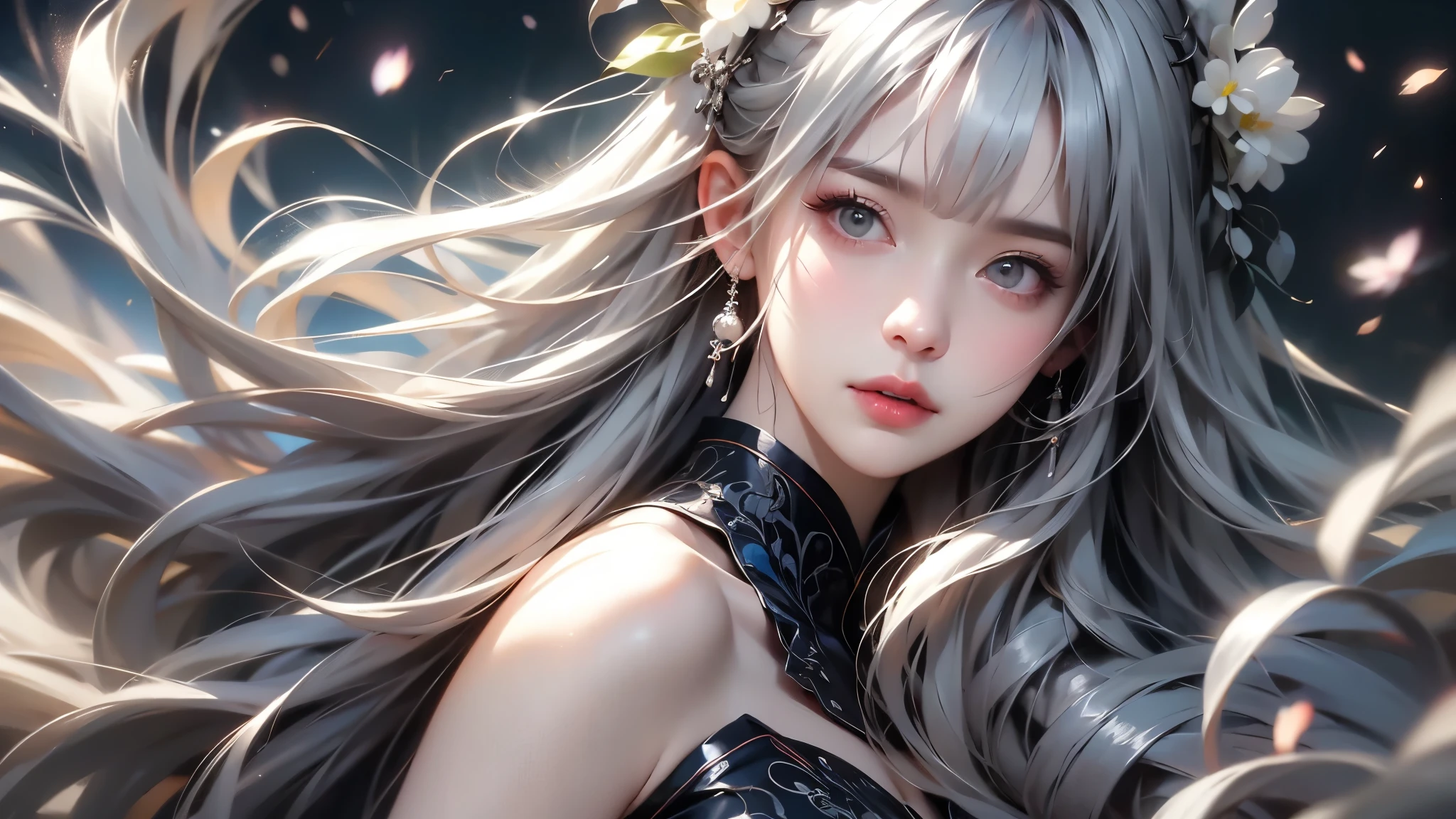 super high quality, masterpiece, Perfect illustration, Very detailed (Exquisite light and shadow, Very dramatic photo,Backlight) , ((Gray Hair:1.5))1 Girl,(( alone:1.6)), (Wearing Han clothes, Black and white Hanfu,Monotony,Long sleeve) Flower Field, Flowers, (White smoke:1.3) (Realistic:1.4), Zen Intertwining, Tangled, Official Art, unity 8k wallpaper, Very detailed, Beautiful and beautiful, masterpiece, Highest quality, (Dynamic Angle: 1.4), Glowing Skin, (Floating colorful flashes: 1) The most beautiful chaotic shapes, elegant, Brutalist Design, Bright colors, Romantic Depth of Field Exotic_dance, half_naked、（Expose your shoulders、Ample breasts、Beautiful cleavage）
