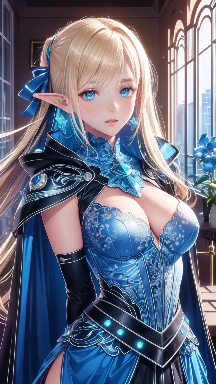  1 girl,  video game character ,  high definition,  beautiful face,  Elegant Dress ,  long blond hair ,  blue eyes,  Detailed Jewels ,  crowns,  Fantasy Medieval Stage , In the city, Splendid architecture,  sunlight shining through a window ,  Magical Energy Aura  , Dramatic lighting,  Cinematic Composition,  Mysterious, Breathtaking,  Masterpiece  、(( top quality)),(超 high definition ),( very detailed),( detailed description ),(( best CG )),( Masterpiece  ), Ultra Detailed Art 、( top quality、8k、32K、 Masterpiece  )、( realistic )、( realistic :1.2)、( high definition )、 very detailed、 very pretty face and eyes 、 1 Woman 、 Thin Waist、Delicate body、( top quality、 attention to detail in order to breathe、 rich skin texture )、( top quality、8k、Oil paints:1.2)、 very detailed、( realistic 、 realistic :1.37)、 bright color、 elf woman 、 has a history of 150 years but looks 18 years old 、Cool Look、((Blonde long hair、 hair tied at the back ))、(Big jade green eyes、 slit eye 、 holding a star )、: 165cm、Variable body shape、Green and brown lightweight leather armor、hooded cloak、 has a longbow and quiver on his back、 Fantasy Worldview 、 Precision Description 、 photorealistic、4k Texture