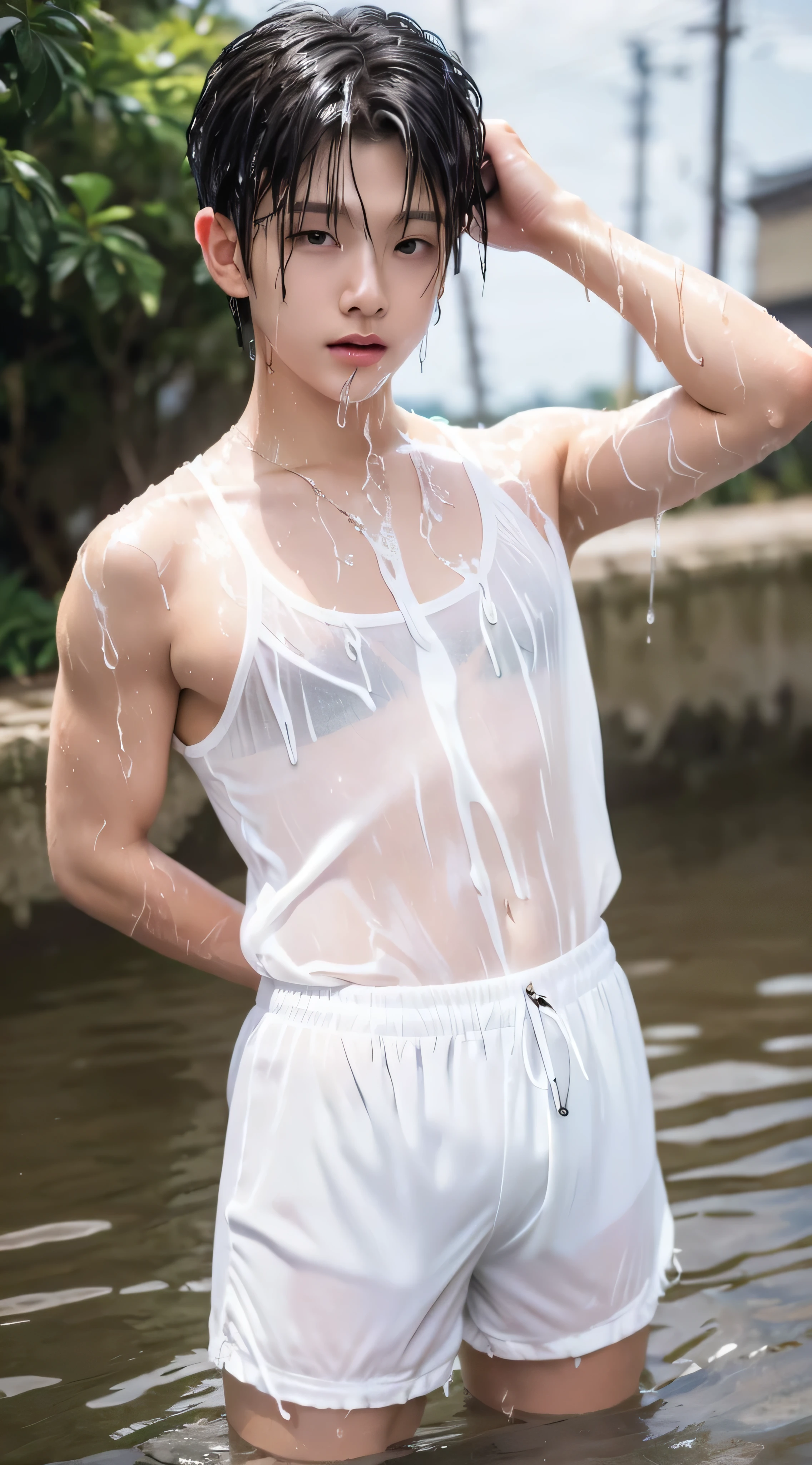 (best quality,High resolution,Masterpiece:1.2),The eyes are natural and delicate.,1 person (Wearing a white round neck t-shirt that was wet with water.:1.5),alone,gay asian,muscle,Long legs,brave,short hair details,conjunctivitis,Six-pack abs,sexy for,(best quality,High resolution,Masterpiece:1.2),stalwart,brown eyes,no. In the swimming pool,