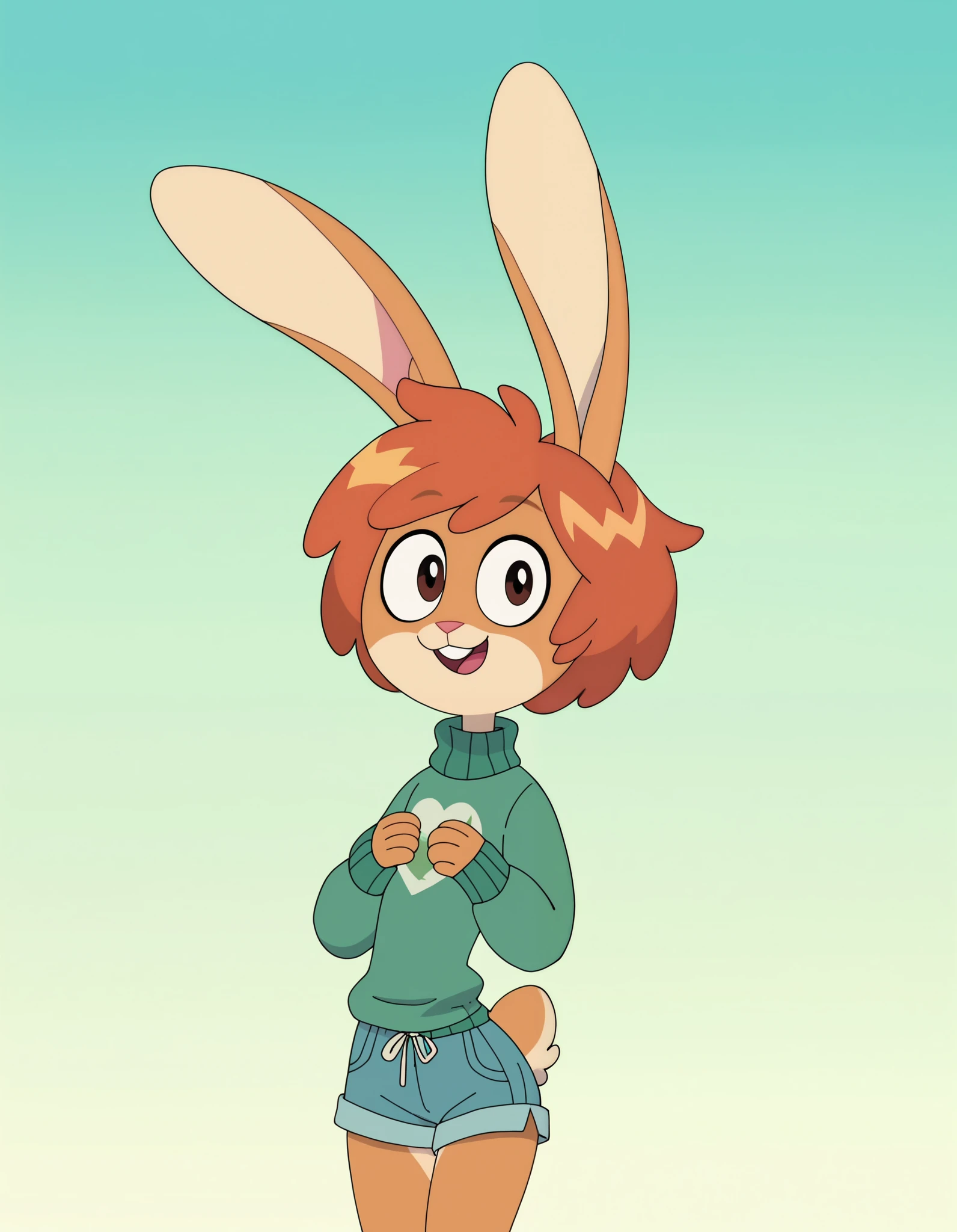 SHAMPSTYLE,, score_9,score_8_up, score_7_up, Best quality , Very detailed illustration, (Anthropomorphic furry rabbit boy:1,7) , tousled voluminous hair, Playful look, Slim, ideal body, thin waist, wide hips, Simple drawing, Artifyber style, pastel flat colors, Cute, cartoon, sweater, short shorts