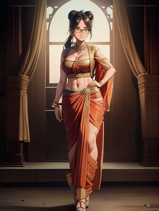 （8k, RAW photos, minino：1.1） ，female，（looki at viewer company），cowboy lens，Japanese，hange / (attack on titan\），（fullbody saree：1.1），La Brett Piercing，cleavage，((( saree)))，seductive smile，Be red on the face, full body photo, standing, lean, muscular legs, muscular belly, blouse, long hair, black hair, eyes, bun hair, medium breasts, glasses, Professional lighting、photon mapping、physics-based rendering、dark theme，wearing wifs, jewellery and necklace, alone, extreme high quality, legs covering saree