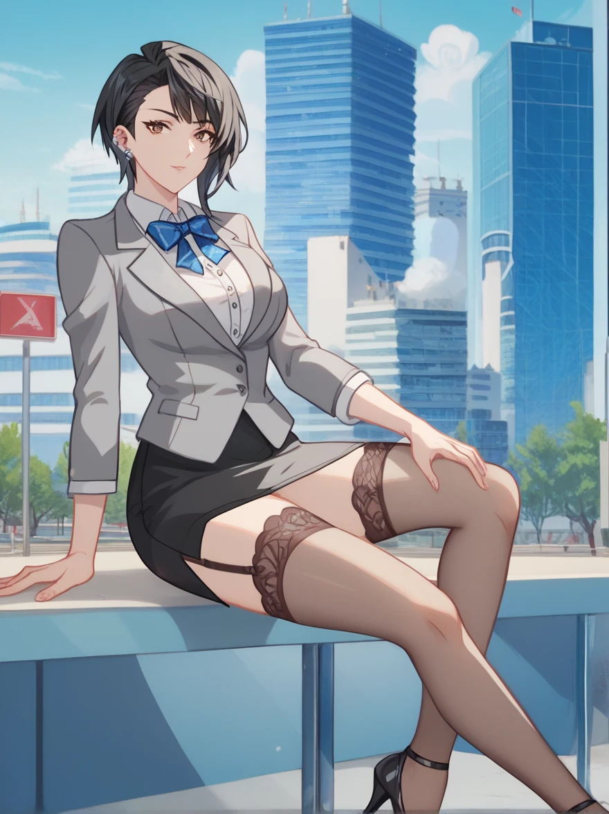   1 girl ,   beautiful mature woman , Alone,   black hair,   short hair to be shouldered , asymmetrical hair,Diagonal bangs, Brown Eyes ,piercing 1 woman ,clavicle,   medium chest , formal grey jacket,   white cutter shirt, Ribbon tie,  gray pencil skirt ,   black garter stockings  ,  black heels  , background school building at night ,textured skin,    解剖学的にAccurate  ,   Masterpiece    ,    has high definition  , Accurate, 最   High Quality   ,     high detail  ,    high definition model  ,    High Quality   ,    very detailed,    super high resolution,   8k octane  , 