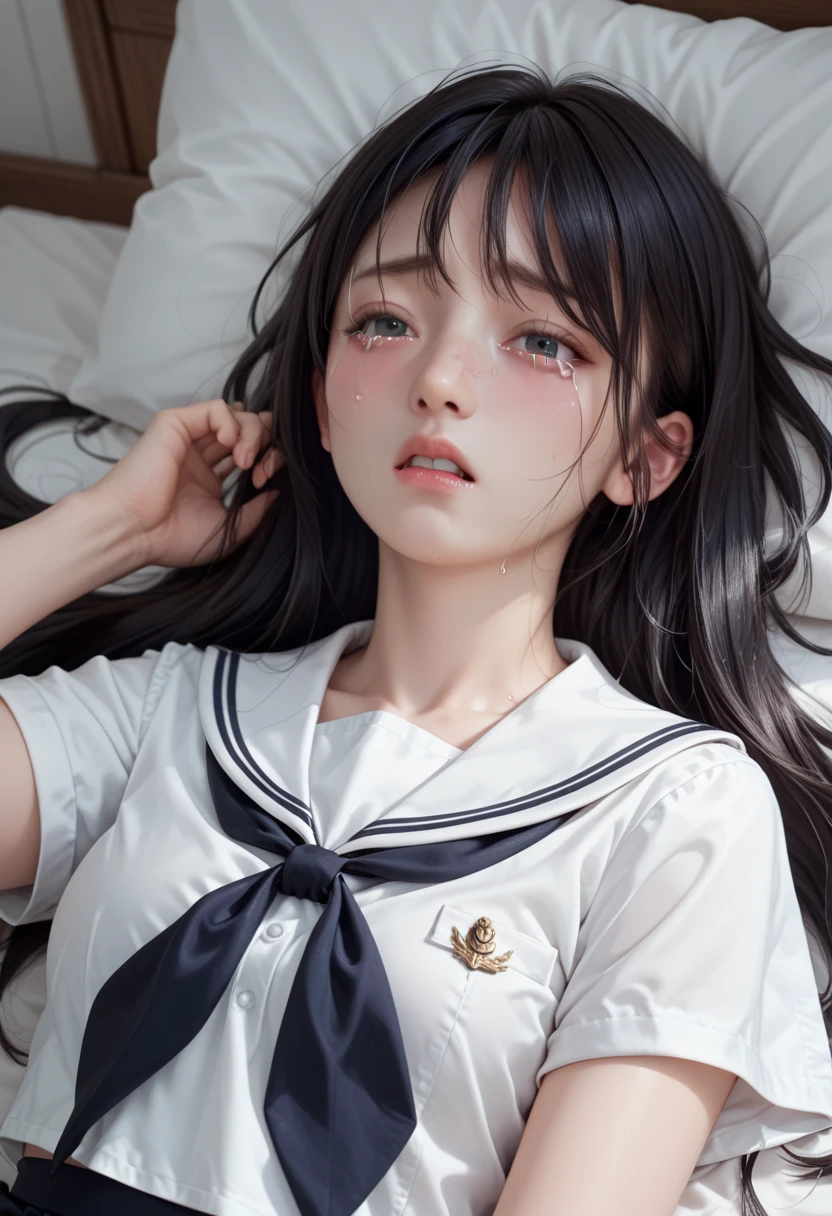  girl　 black long hair　Small Bust　White Sailor Suit　 black skirt　 is lying on his back　Crying face　tears　 looking at me with a frightened expression　Mouth slightly open　She is hiding her chest with both hands