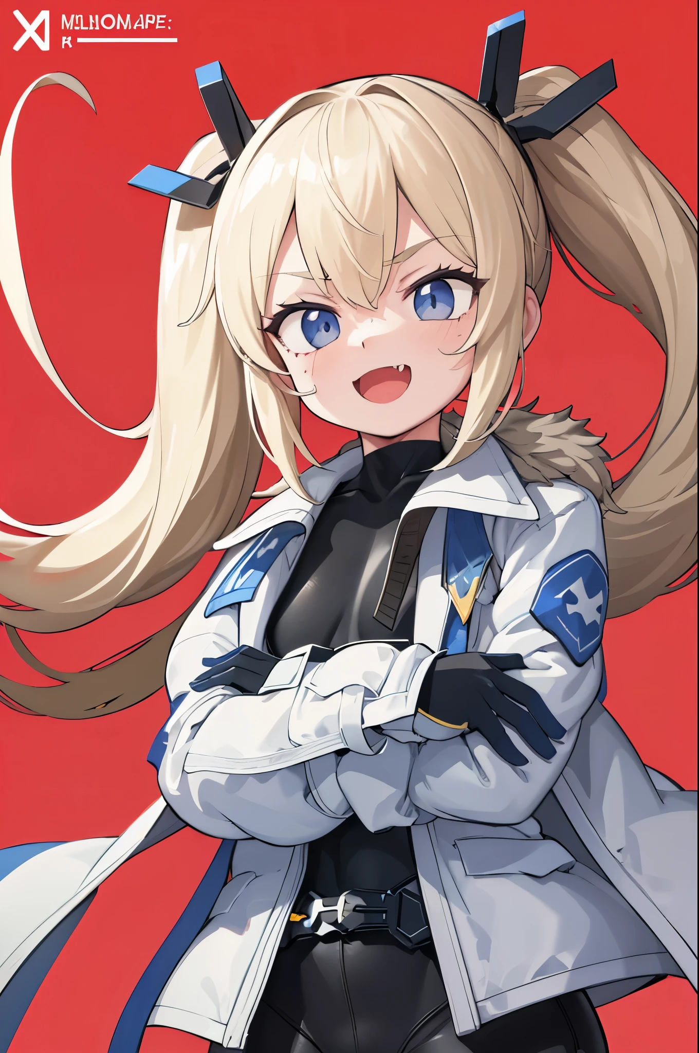 1petite_girl,masterpiece, highest quality,laplace,hair ornament, belt,white_front_open_coat_on_black_bodysuit,fur trim, gloves, blue boots,(upper body),open mouth,(crossed arms),(Standing in honor),big_Smile, smug_face, laugh,open_mouth,fang, bandage_on_cheek