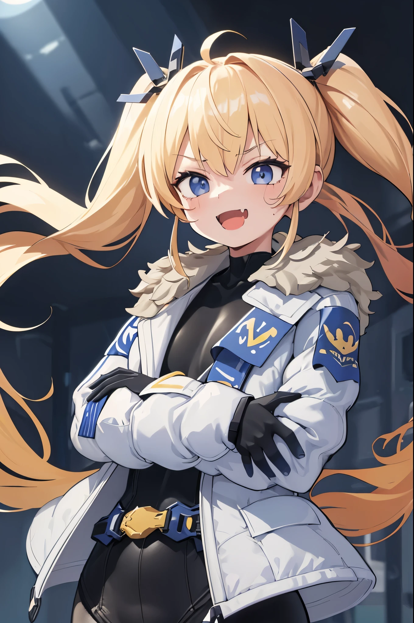 1petite_girl,masterpiece, highest quality,laplace,hair ornament, belt,white_front_open_coat_on_black_bodysuit,fur trim, gloves, blue boots,(upper body),open mouth,(crossed arms),(Standing in honor),big_Smile, smug_face, laugh,open_mouth,fang, bandage_on_cheek