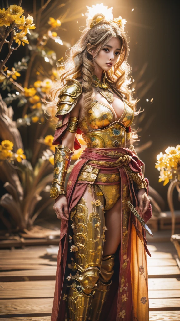  sexy female character wearing bright yellow armor as a warrior from the Sengoku period 、((ringlets hair))、((Honey blonde hair))、((toned body))、(glistening skin)、 Tight Body 、((mega breasts 1.8))、 plump breasts 、 plump thighs 、 Bright yellow armor engraved with a Yamabuki flower pattern is bikini type and is designed to accentuate chest exposure、(  wearing a Yamabuki flower patterned cape )、cocoon silhouette skirt、 bright yellow shin guard with a Yamabuki flower engraved on it 、Bright yellow high-leg underwear 、bright yellowのタイツ、 absolute domain、(dynamic pose)、((He wears a sword on his waist))、Dramatic lighting、A glorious morning when the sun is about to go out、Big Asahi 、(( Large Yamabuki flowers blooming in full bloom on the front ))、(( Sexy female character wearing yamabuki colored armor as a warrior from the Sengoku period ))、 cinema-like scene 、((Background Japanese kerria)) 、((foreground　Japanese kerria))、 Max Image、 Ultra High Definition、8k