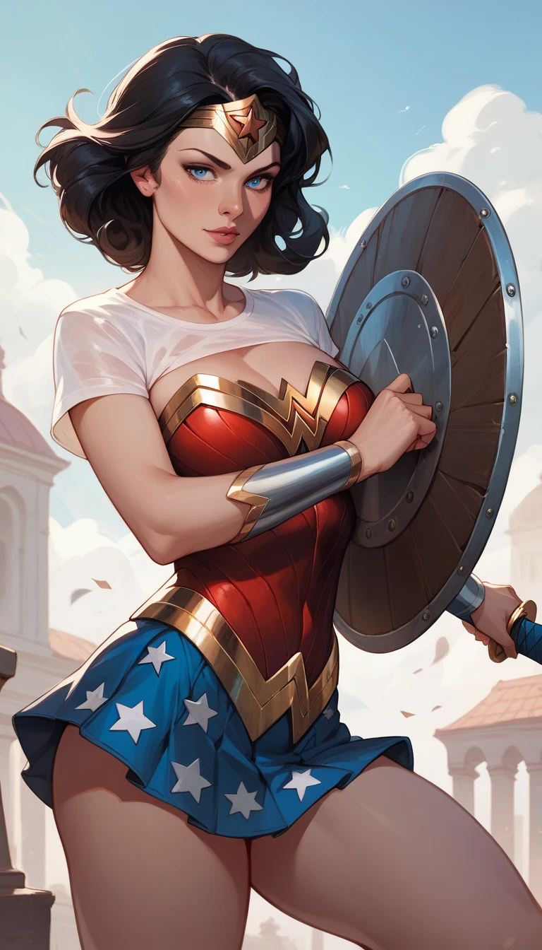  mature woman,  black hair,  short hair,  Blue Eyes,  medium breasts,  thick thighs ,  wearing a Wonder Woman costume,blue mini skirt, taped shirt with gold details ,  holding a sword and a shield