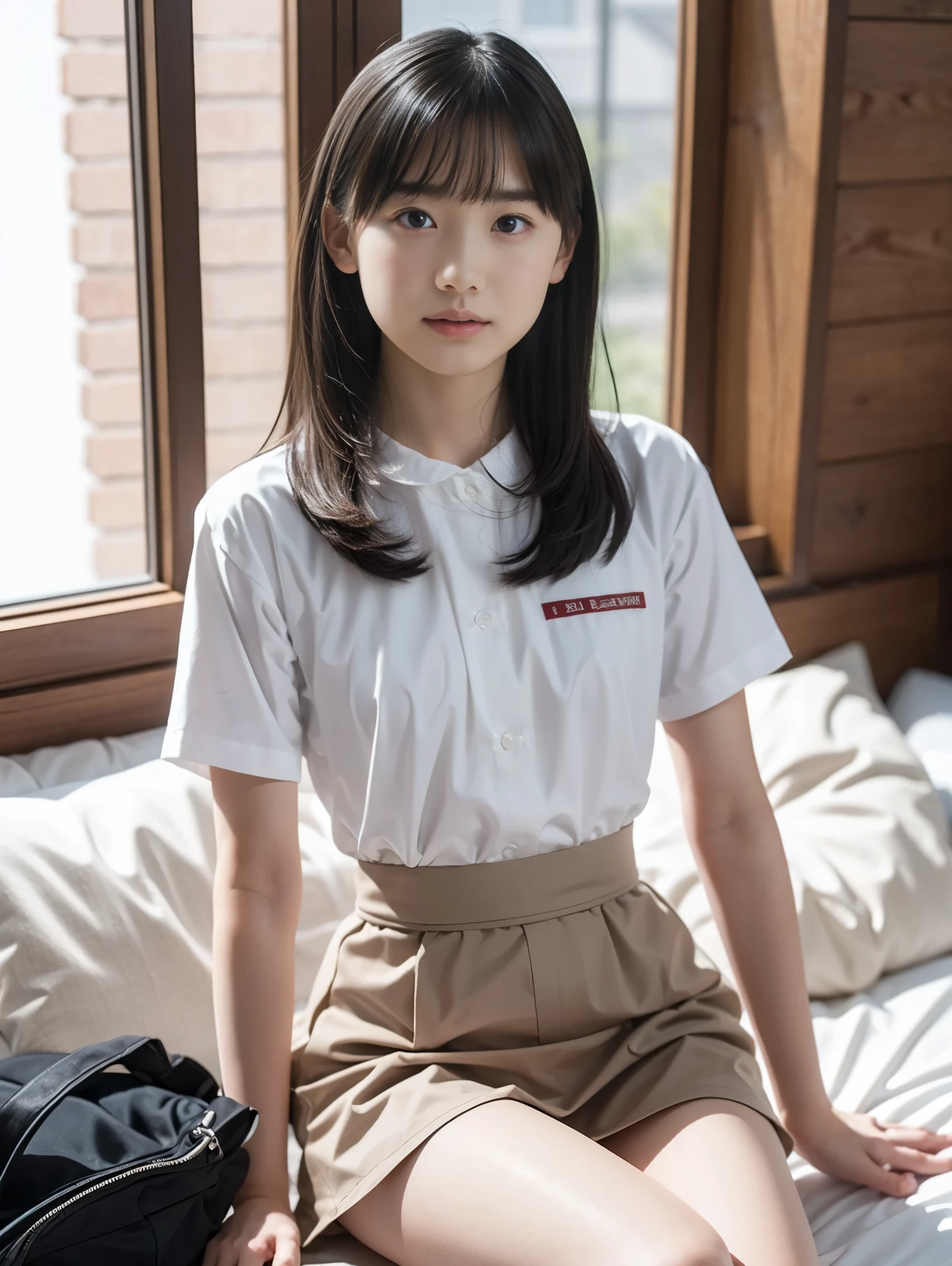 high definition 、 high definition 、In 8K、 RAW photo、 top quality、masterpiece、 ( slender body:1.2), wave hair、alone、 wait with their anatomically accurate 、 Japanese high school student uniform、(( nudes))、( small breasts)、Lie down、bangs、Waist、thigh、