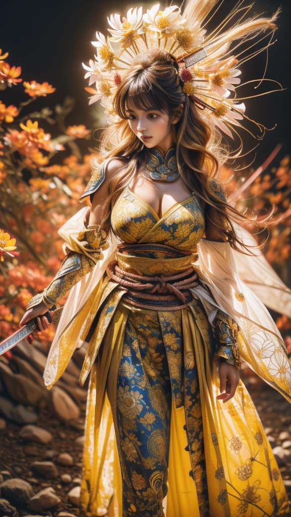  sexy female character wearing bright yellow armor as a warrior from the Sengoku period 、((ringlets hair))、((Honey blonde hair))、((toned body))、(glistening skin)、 Tight Body 、((mega breasts 1.8))、 plump breasts 、 plump thighs 、 Bright yellow armor engraved with a Yamabuki flower pattern is bikini type and is designed to accentuate chest exposure、(  wearing a Yamabuki flower patterned cape )、cocoon silhouette skirt、 bright yellow shin guard with a Yamabuki flower engraved on it 、Bright yellow high-leg underwear 、bright yellowのタイツ、 absolute domain、((cowgirl position))、((from above))、(dynamic pose)、((He wears a sword on his waist))、Dramatic lighting、A glorious morning when the sun is about to go out、Big Asahi 、(( Large Yamabuki flowers blooming in full bloom on the front ))、(( Sexy female character wearing yamabuki colored armor as a warrior from the Sengoku period ))、 cinema-like scene 、((Background Japanese kerria)) 、((foreground　Japanese kerria))、 Max Image、 Ultra High Definition、8k