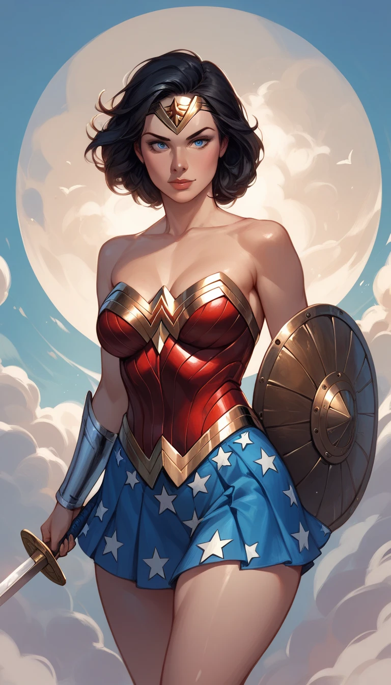  mature woman,  black hair,  short hair,  Blue Eyes,  medium breasts,  thick thighs ,  wearing a Wonder Woman costume, blue mini skirt, ,  holding a sword and a shield