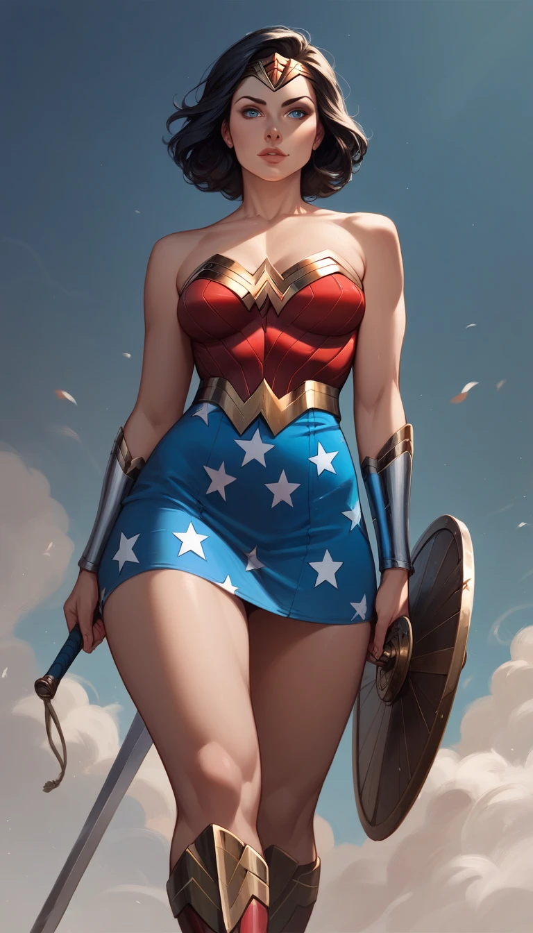  mature woman,  black hair,  short hair,  Blue Eyes,  medium breasts,  thick thighs ,  wearing a Wonder Woman costume, blue mini skirt, ,  holding a sword and a shield