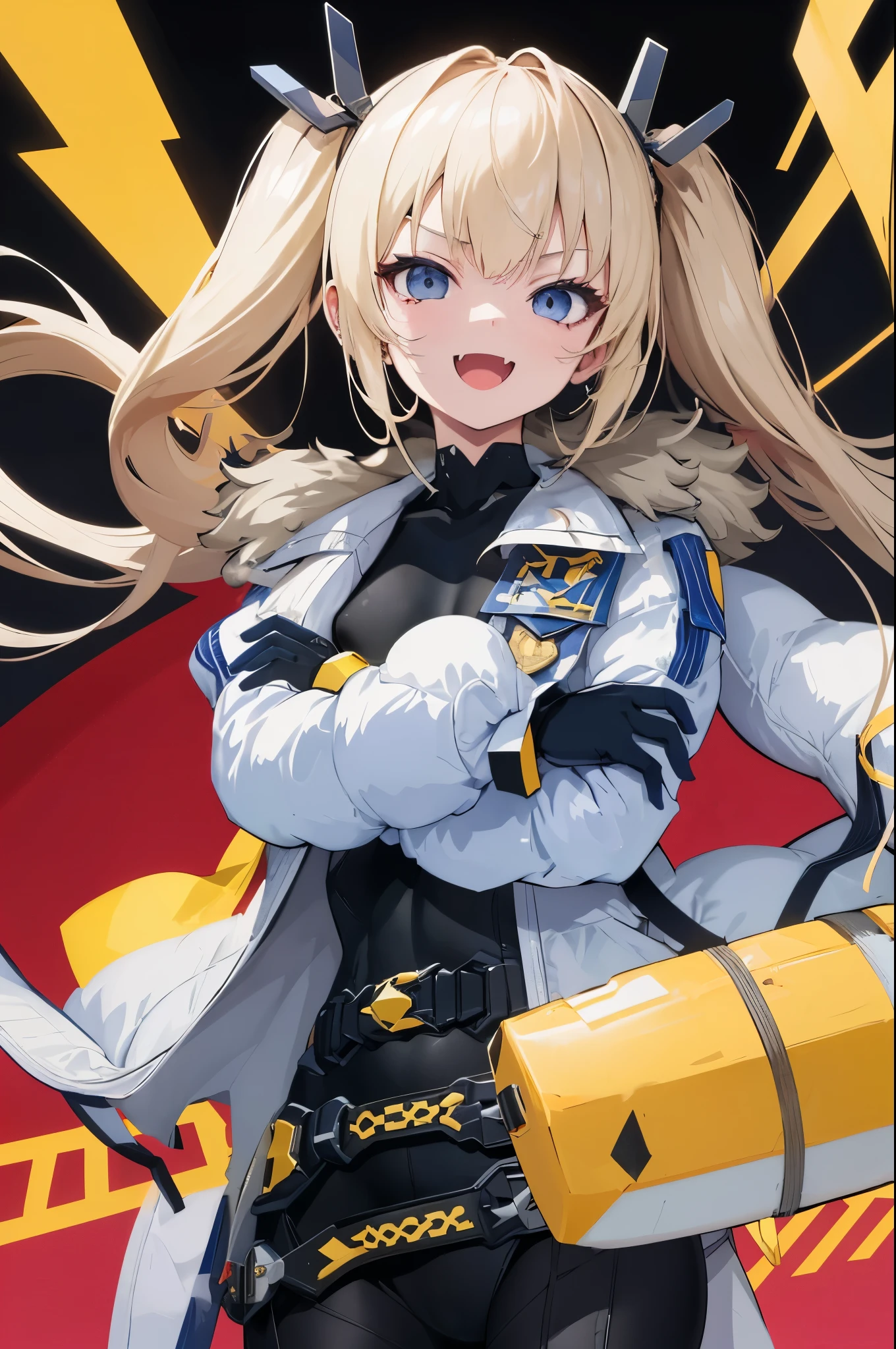 1petite_girl,masterpiece, highest quality,laplace,hair ornament, belt,white_front_open_coat_on_black_bodysuit,fur trim, gloves, blue boots,(upper body),open mouth,(crossed arms),(Standing in honor),big_Smile, smug_face, laugh,open_mouth,fang, bandage_on_cheek