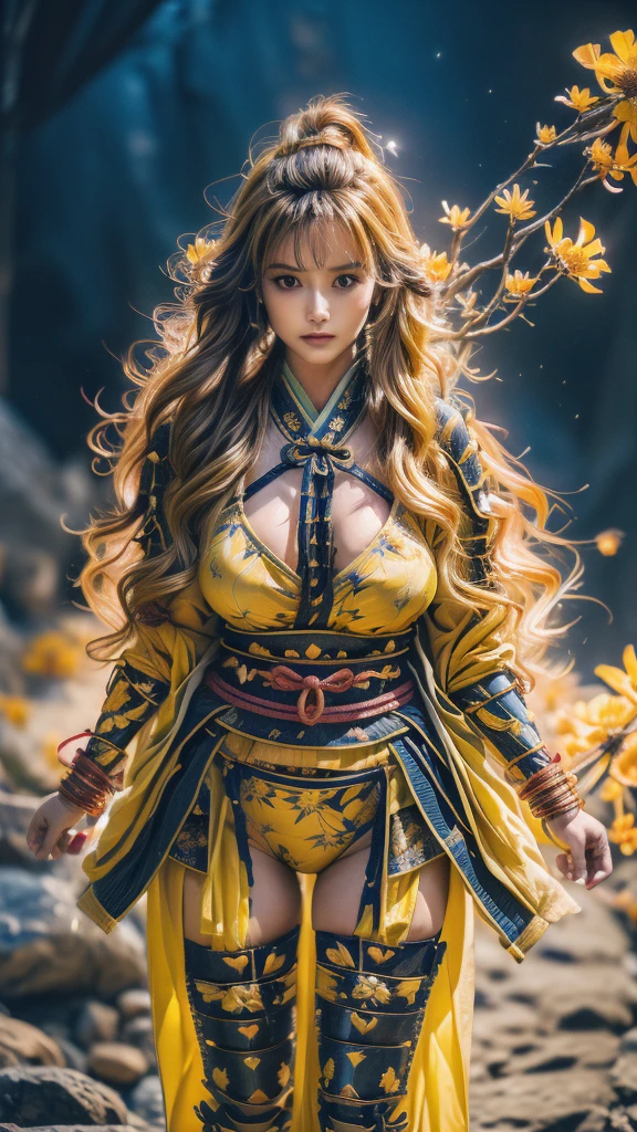  sexy female character wearing bright yellow armor as a warrior from the Sengoku period 、((ringlets hair))、((Honey blonde hair))、((toned body))、(glistening skin)、 Tight Body 、((mega breasts 1.8))、 plump breasts 、 plump thighs 、 Bright yellow armor engraved with a Yamabuki flower pattern is bikini type and is designed to accentuate chest exposure、(  wearing a Yamabuki flower patterned cape )、cocoon silhouette skirt、 bright yellow shin guard with a Yamabuki flower engraved on it 、Bright yellow high-leg underwear 、bright yellowのタイツ、 absolute domain、((cowgirl position))、((from above))、(dynamic pose)、Dramatic lighting、Big Yamabuki flowers in full bloom are blooming in front of the glorious hill where the sun is rising 、Big Asahi 、(( Large Yamabuki flowers blooming in full bloom on the front ))、(( Sexy female character wearing yamabuki colored armor as a warrior from the Sengoku period ))、 cinema-like scene 、((Background Japanese kerria)) 、((foreground　Japanese kerria))、 Max Image、 Ultra High Definition、8k