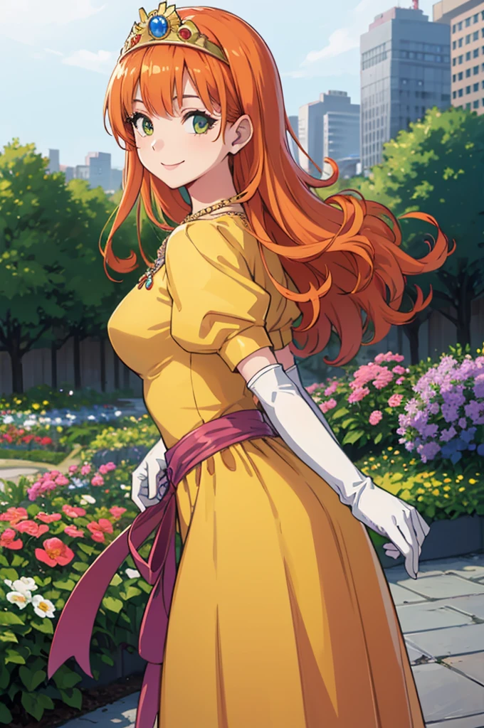  Masterpiece  ,  top quality, dq roller,  orange hair,  tiara ,  Necklaces , yellow dress, elbow gloves,  Cowboy Shots,  watch viewers, city, garden, null, spring, smile 