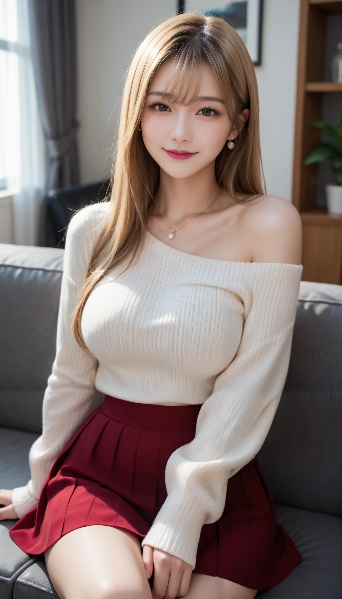 score_9,score_8_up,score_7_up,ultra detailed,absolutely resolution,32k,masterpiece,best quality,ultra HD quality,detailed beautiful face and eyes,hyperrealistic,Japanese beautiful milf,blonde hair,straight hair,(seductive smile+be in heat),gleaming skin,off shoulder sweater,flare skirt,large breast,(sit in a sofa),from pov,upper body,looking at viewer,(private room)