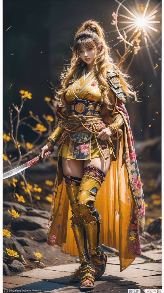  sexy female character wearing bright yellow armor as a warrior from the Sengoku period 、((ringlets hair))、((Honey blonde hair))、((toned body))、(glistening skin)、 Tight Body 、((mega breasts 1.8))、 plump breasts 、 plump thighs 、 Bright yellow armor engraved with a Yamabuki flower pattern is bikini type and is designed to accentuate chest exposure、(  wearing a Yamabuki flower patterned cape )、cocoon silhouette skirt、 bright yellow shin guard with a Yamabuki flower engraved on it 、Bright yellow high-leg underwear 、bright yellowのタイツ、 absolute domain、((cowgirl position))、Dramatic lighting、Big Yamabuki flowers in full bloom are blooming in front of the glorious hill where the sun is rising 、Big Asahi 、(( Large Yamabuki flowers blooming in full bloom on the front ))、(( Sexy female character wearing yamabuki colored armor as a warrior from the Sengoku period ))、 cinema-like scene 、((Background Japanese kerria)) 、((foreground　Japanese kerria))、 Max Image、 Ultra High Definition、8k