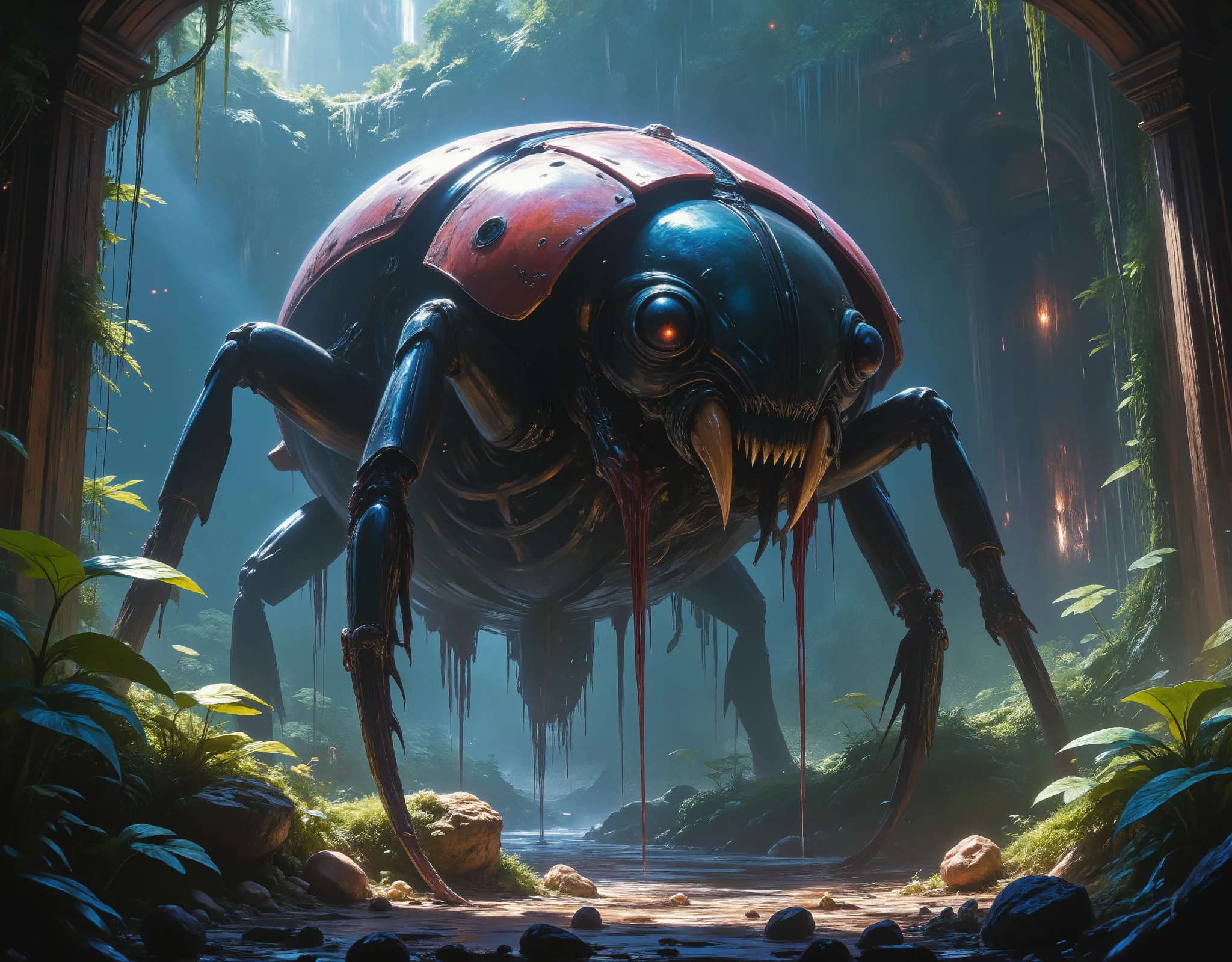 a giant armored beetle, hyper realistic 8k, intricate mechanical details, armored exoskeleton, complex compound eyes, detailed mandibles, glossy carapace, fantasy landscape, ancient ruins, overgrown vegetation, moody dramatic lighting, cinematic composition, rich color palette, detailed textures, photorealistic, masterpiece