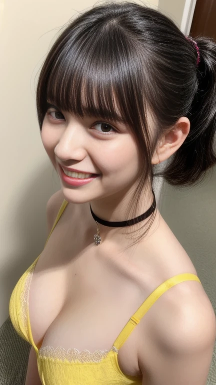 (realistic, photo-realistic:1.2), (masterpiece, best quality), high resolution, intricate details, extremely detailed, sharp focus, professional lighting, full body, alone, 1girl, a Japanese female idol, (yellow clothes, idol costume), (face focus, standing with leaning forward, bent over), dark hair, (twintails hair, straight hair, blunt bangs, hair scrunchie, hair ornament:1.2), (detailed face, beautiful detailed eyes, sophisticated nose, beautiful pupils), ((cheerful grin, teeth out)), pale skin, fine-textured skin, (choker, jewelry), photo background, indoors, daylight,,,[Aki Suda,Cho-Tokimeki-Sendenbu]、Cleavage Emphasis、White scrunchie、 anatomically correct、 taken from above:1.4、v sign、(see-through yellow bra)、 gal makeup