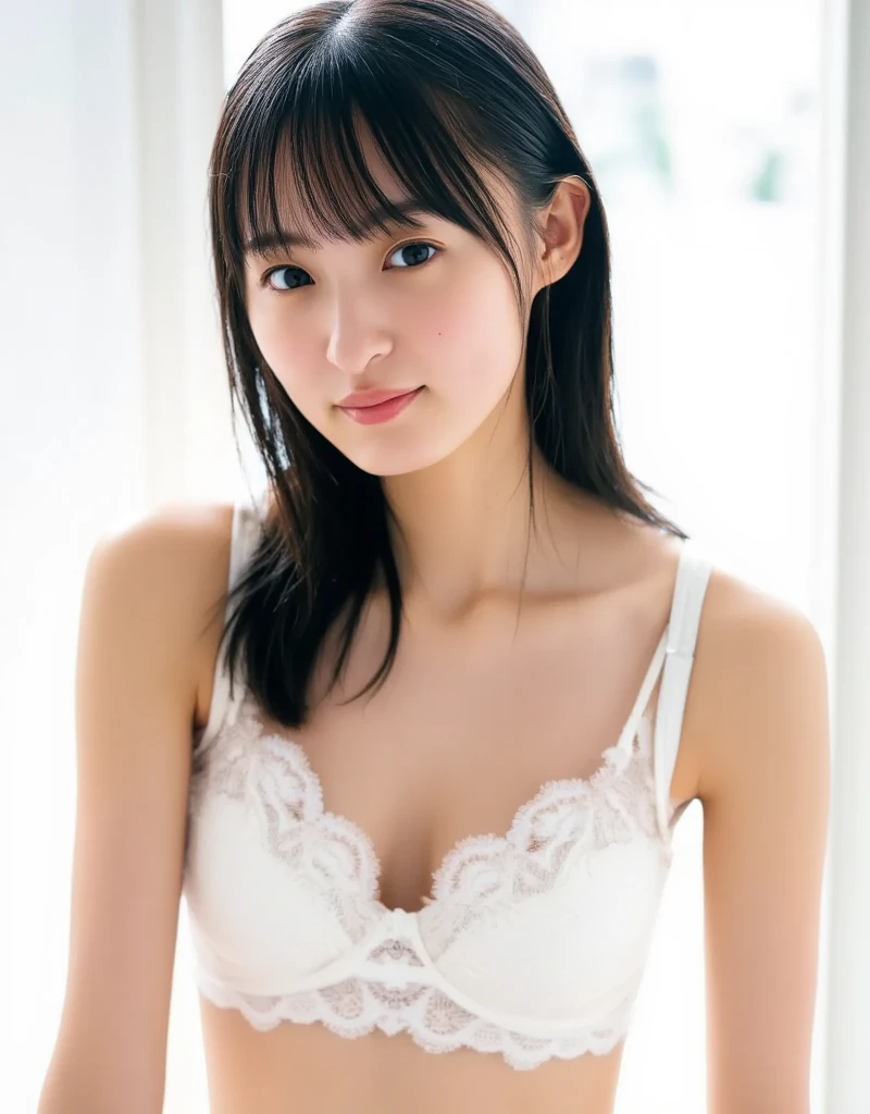 ((top-quality、8K、masterpiece:1.3))、one girls、(Random hairstyle、immensity:1.4)、inside in room、in a house、bedroom、二重まぶた、G Cup Big、big butt shape、Protruding meat、A slender、Model body type、BMI25 value、A slender、Breasts are big、Fatty、Plump、real looking skin、moderately muscular stomach、26 year old、Protruding chest、ultra-small panties、Ultra-sheer lingerie with lace、Fully visible chest、Spilled chest、2 arms、 Two-legged、look at a camera、Random nature、wetted skin、real layla off、Refreshing smile、Bra laces cut、bra removed、mesh bra、toppless、Tight outfit with light skin、You can see the whole frame、NSFW