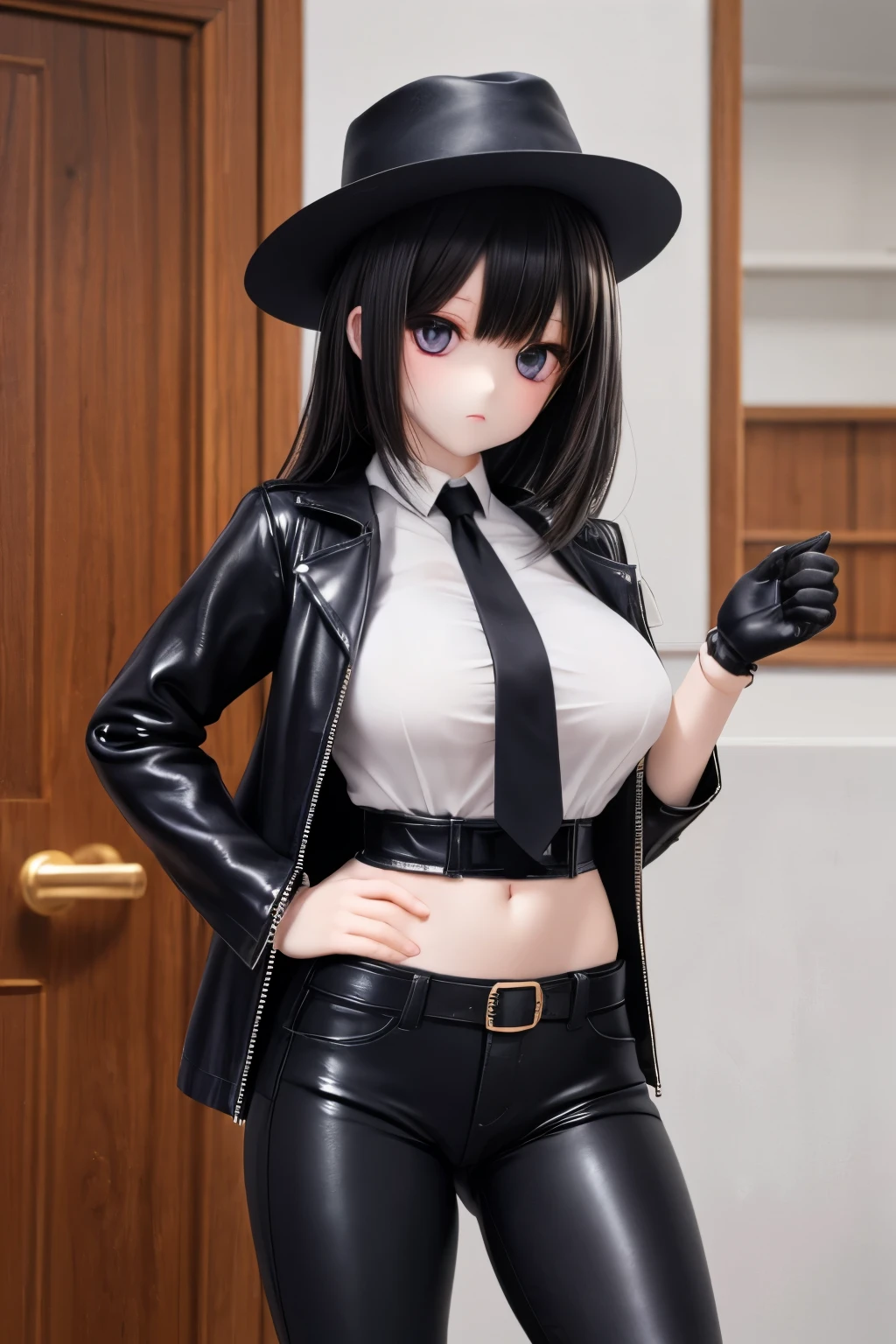 ,pale skin,1girl,((((clothed)))),blackleatherlongcoat,doll joints,doll skin,darkblackhair,Denim Leggings,leathergloves,Western Boots,blackten-gallon hat,ass focus,Navy blue blouse