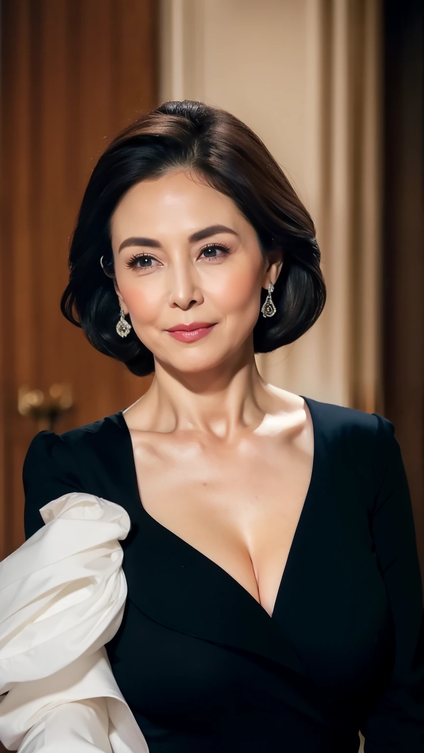 ( top quality,8k, Masterpiece  ),
Portrait of a Mature Woman,Well deep,
 very beautiful face , lip gloss,
 with very big breasts , de emphasizing trust ,Big breasts Elegant black suit, White V-neck shirt, 