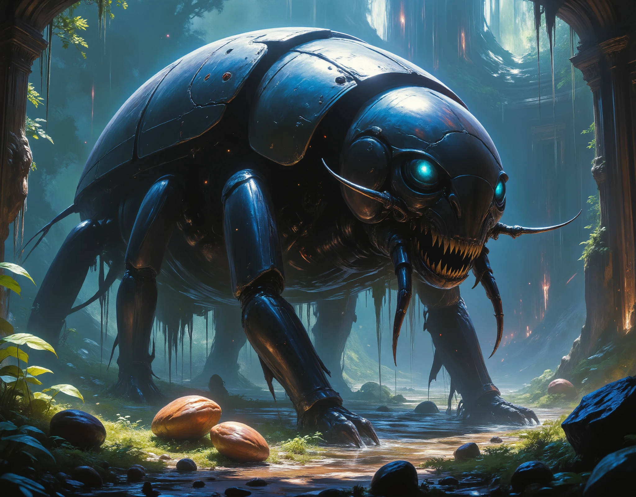 a giant armored beetle, hyper realistic 8k, intricate mechanical details, armored exoskeleton, complex compound eyes, detailed mandibles, glossy carapace, fantasy landscape, ancient ruins, overgrown vegetation, moody dramatic lighting, cinematic composition, rich color palette, detailed textures, photorealistic, masterpiece