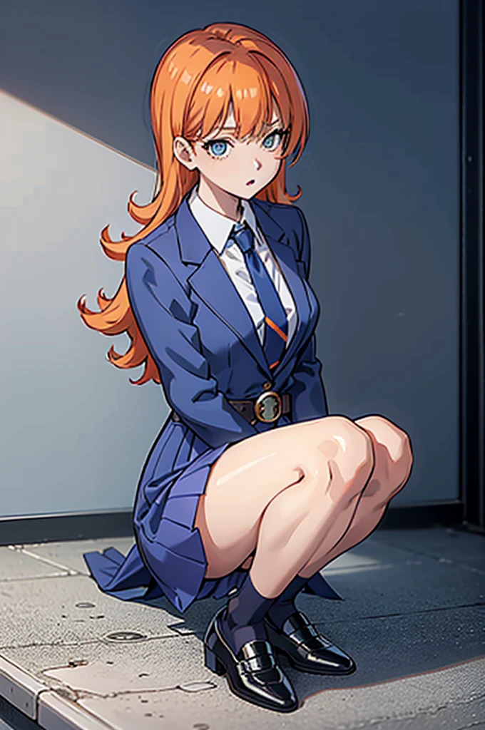 Masterpiece  ,  top quality, dq roller,  orange hair, narrow waist 、Bare legs、 in a suit、 blue jacket , collared shirt 、 white shirt、 blue tie,belt, blue mini pencil skirt, black tights、White pumps、Anime Images、