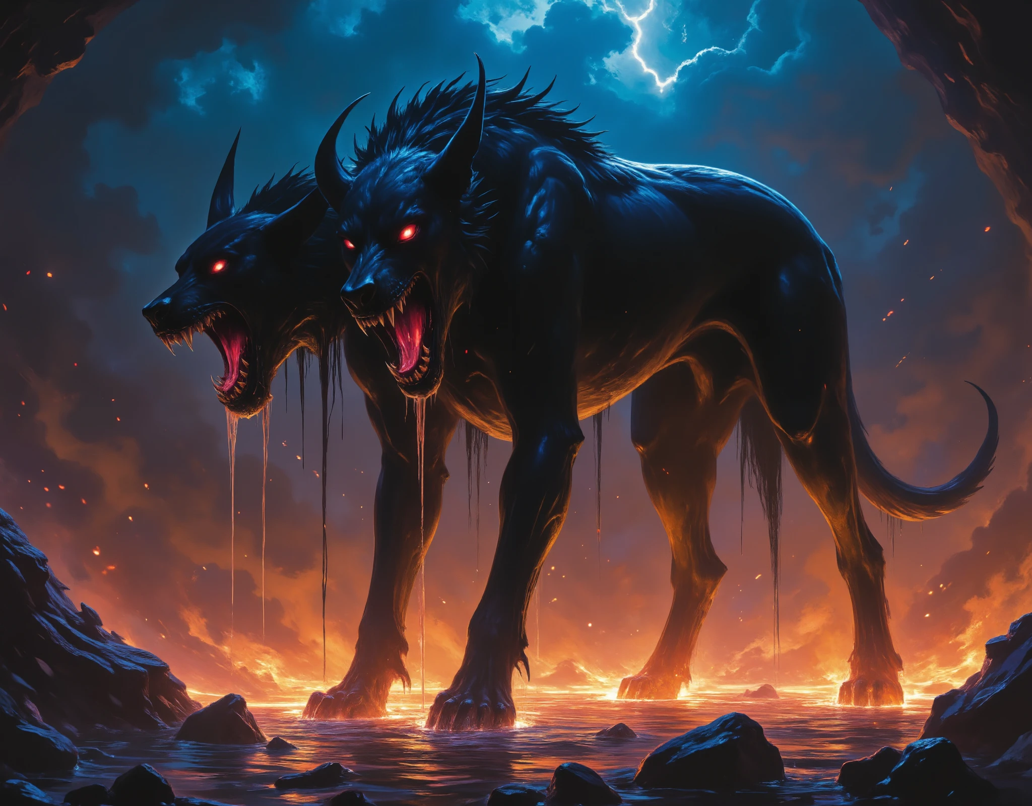 a three-headed black dog with flames, cerberus the hellhound, fantasy art, intricate details, highly detailed, cinematic lighting, dark moody atmosphere, rich colors, dramatic shadows, powerful creature, mythical beast, digital painting, concept art, masterpiece