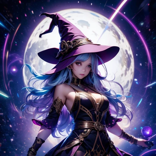 In the middle of so the storm on the stone field stand beatiful witch, she have a beautiful face with blue eyes shining purple lipstick and purple eye shadows, she have long blue hair with purple highlights, she dressed in black long coat short skirt high heels shoes and witch hat on her head , there is lighnings all around her, (ultra high quality fantasy art, anime fantasy style, masterpiece, ultra high quality character design, 8k quality anime art, realistic anime art, top quality wallpaper illustration, detailed ultra high quality accurate face, high quality design and accurate physic)