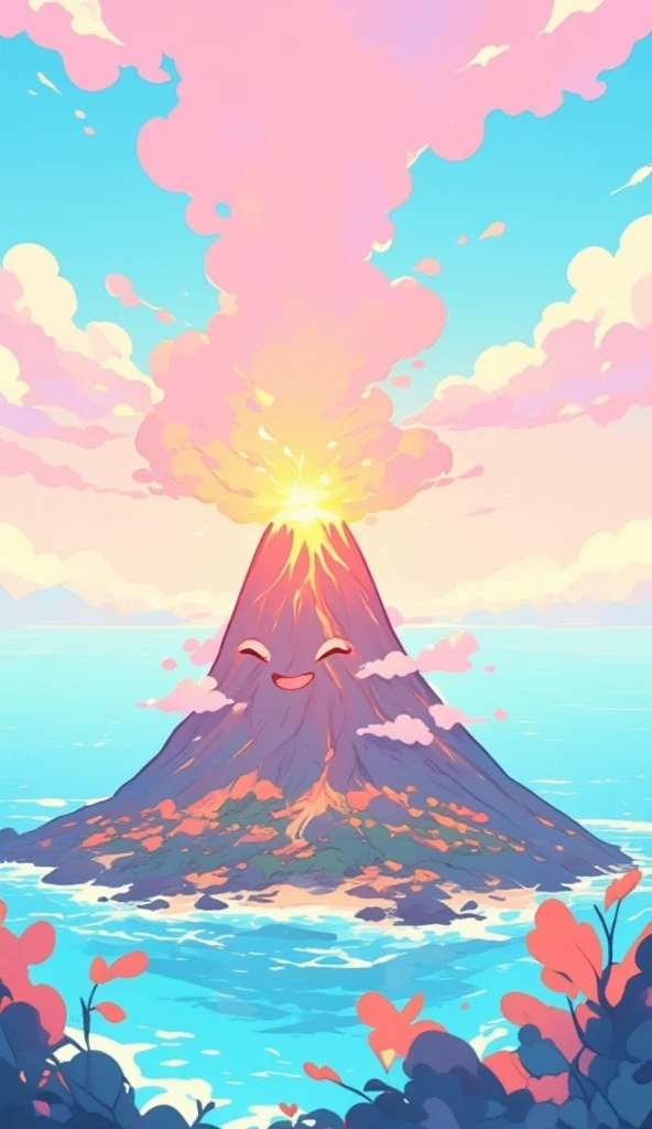 A cute illustration of a volcano with a cute expression and tiny arms on the side. The volcano is erupting. As it erupts, the volcano squints and blushes red as it erupts, while holding its tiny fists at the side. The volcano is situated on an island surrounded by the beautiful sea. The illustration is pastel-colored, giving it a cute and playful expression. The overall color palette is bright and cheerful, with soft pinks, blues, and yellows, creating a fun, lighthearted atmosphere. The entire scene feels charming and magical, as if the volcano is part of a whimsical, fantasy world.
