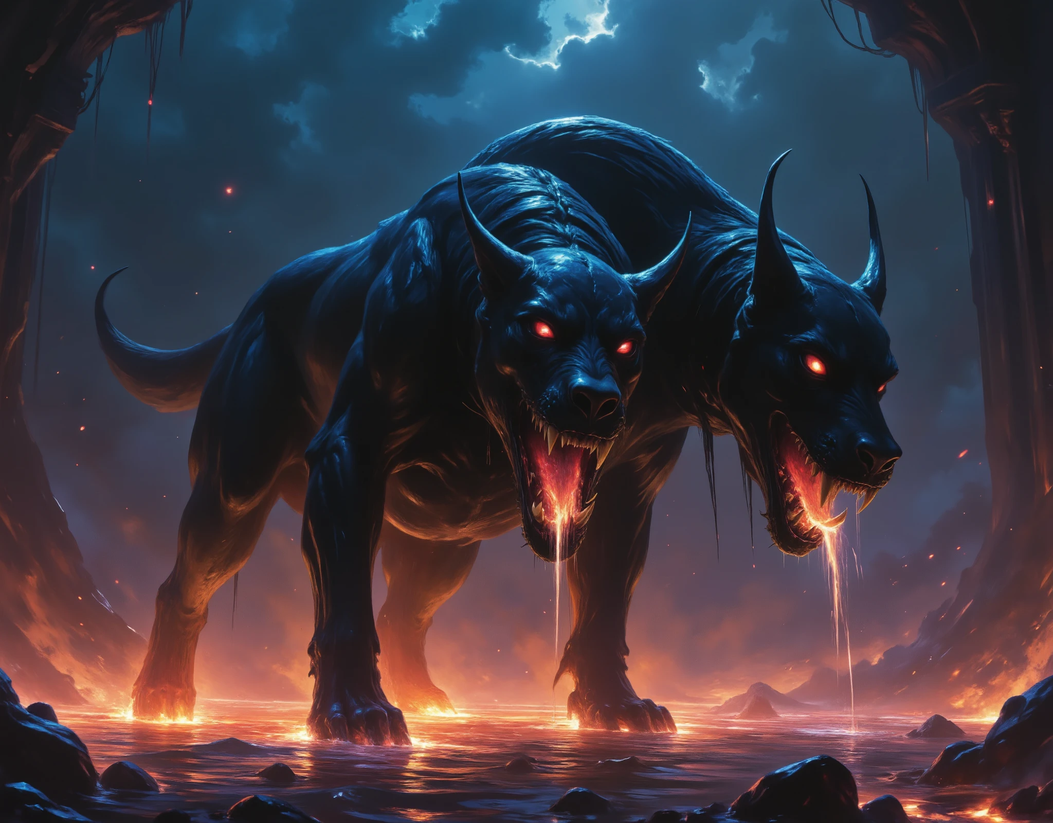 a three-headed black dog with flames, cerberus the hellhound, fantasy art, intricate details, highly detailed, cinematic lighting, dark moody atmosphere, rich colors, dramatic shadows, powerful creature, mythical beast, digital painting, concept art, masterpiece