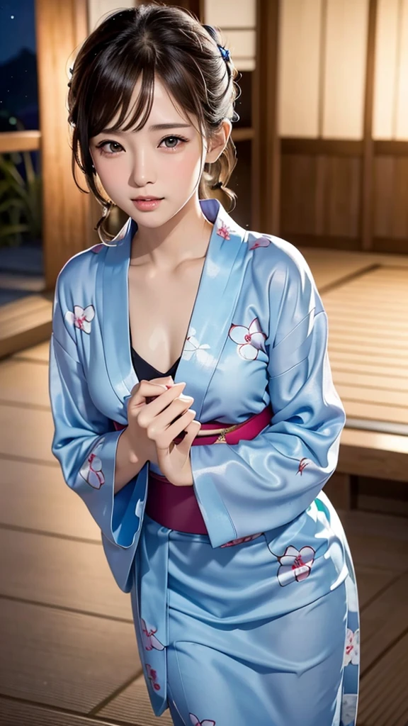 top-quality、masterpiece、ultra res、a beauty girl、cute girl face、Onsen inn、Wearing a yukata、full bodyesbian、Famous actresses of Japan、very beautiful face、chest、A sexy