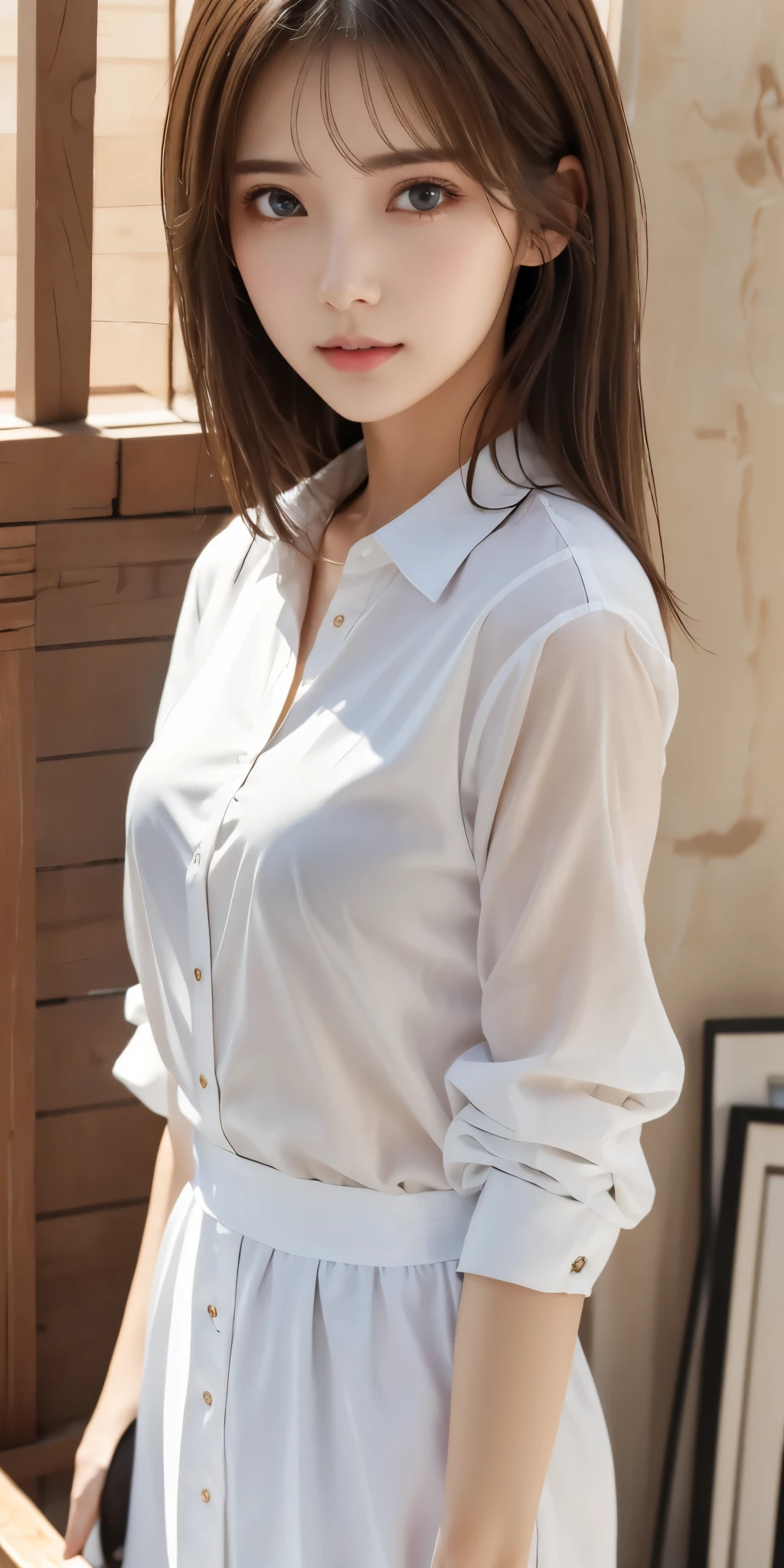 A close up of a woman in a white shirt dress - SeaArt AI