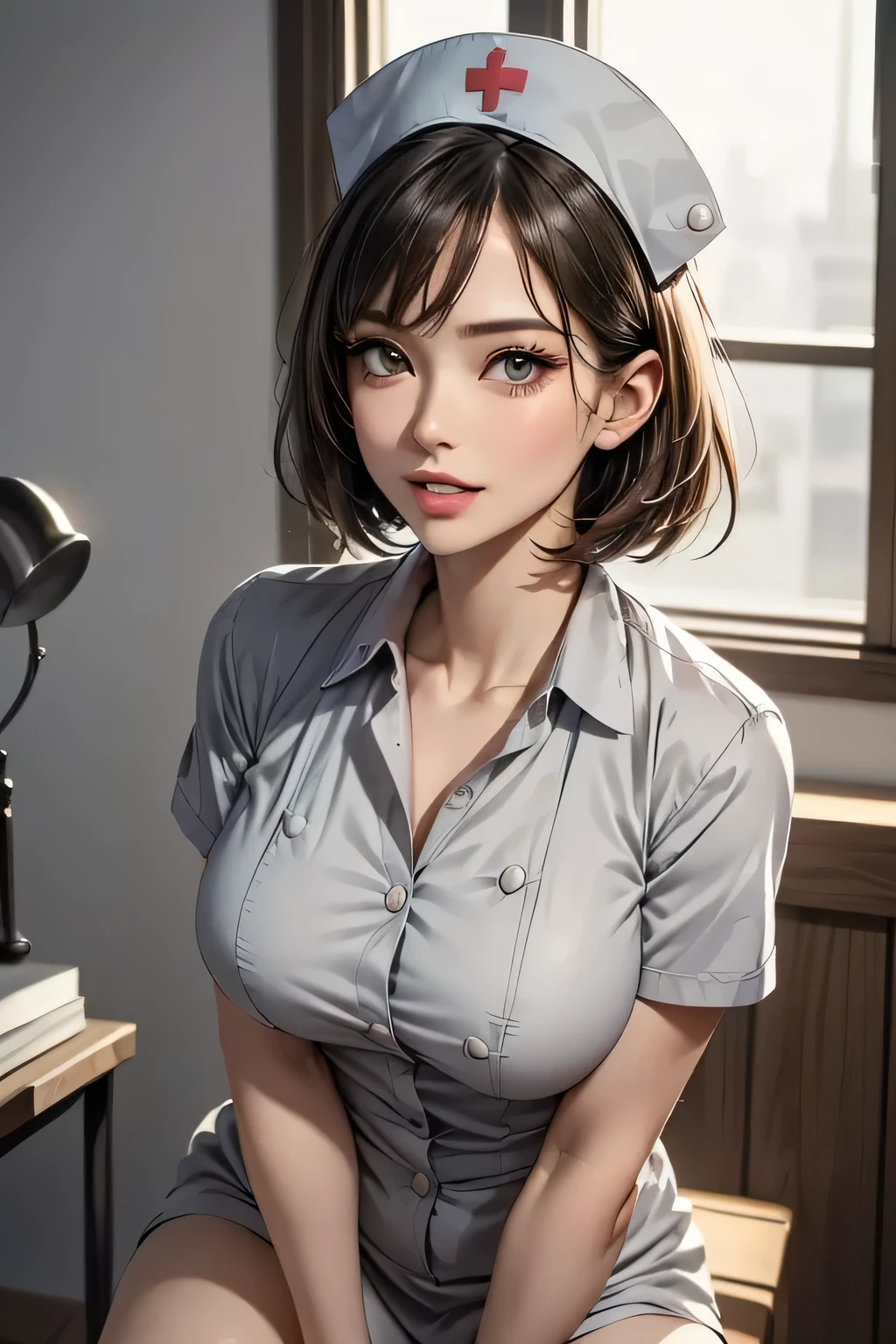 Female Nurse Painting, (masterpiece,  top quality,  super detailed,  realistic ), (Pink skin tone:0.9),  looks up,  eye contact , (1. Beauty),  Supermodel ,  beautiful face,  double eyelids ,  has long eyelashes,  erotic ,  sexual arousal, ( please open your mouth wide:1.0), Muscular body,  feminine, ((very big, round breasts )), (Thighs), (( nurse hat and low nurse uniform)),  beautiful face, Fuller lips, Slim face, High cheekbones, Muscular, glamorous body, Vulgar