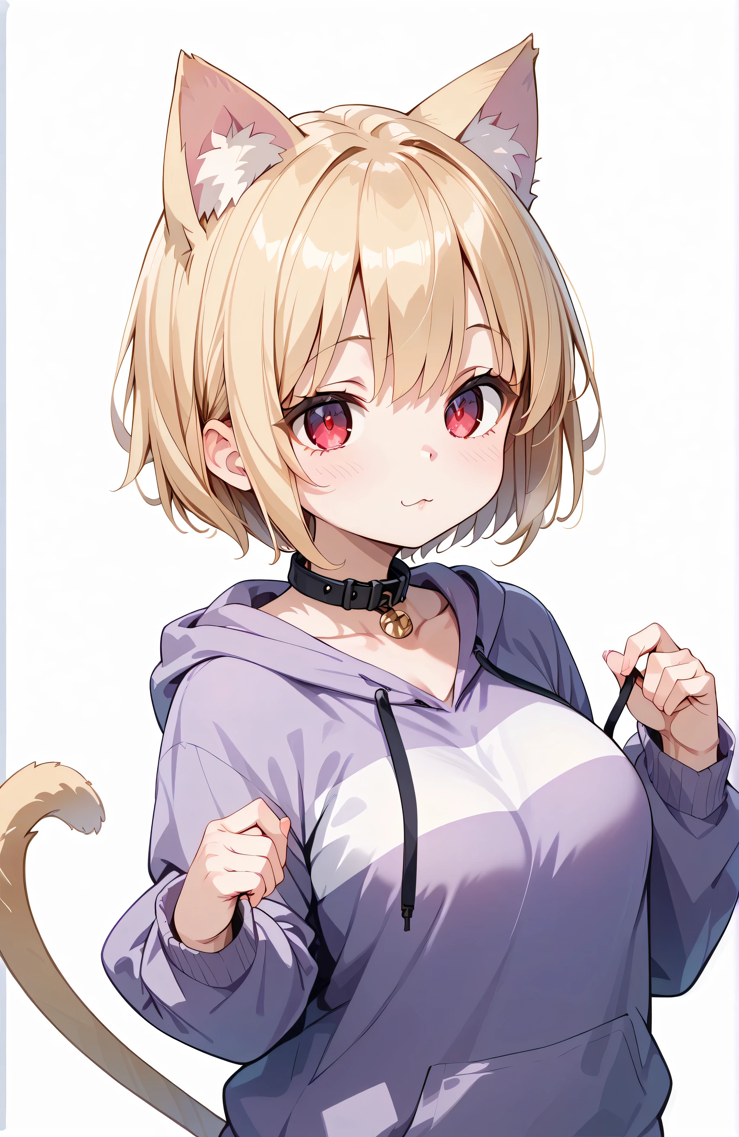  one girl、cute、Blonde、 short hair to be shouldered、 cat ears the same color as hair
BREAK
red eyes、clean eyes
BREAK
Black collar 、plain purple hoodie、 hot pants、 white background 
