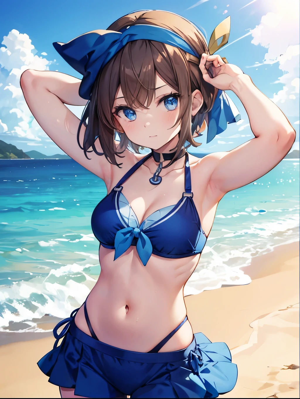 (((high resolution)))、(((masterpiece)))、Japanese beautiful girl、40 years old, detailed face, detailed eyes, perfect face、cute face, (((simple swimsuit))), all body, a little chuby, cool girl, anime girl