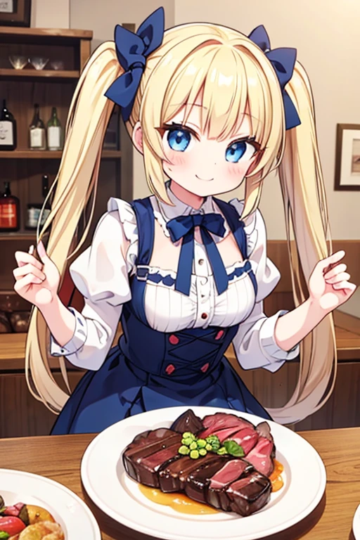 A happy smile,Large serving of beef steaks,large amount of steak,Highest quality,Blonde with blue eyes、Lolita、Small breasts、Twin tails、girl&#39;enjoy,smile,bonnet,