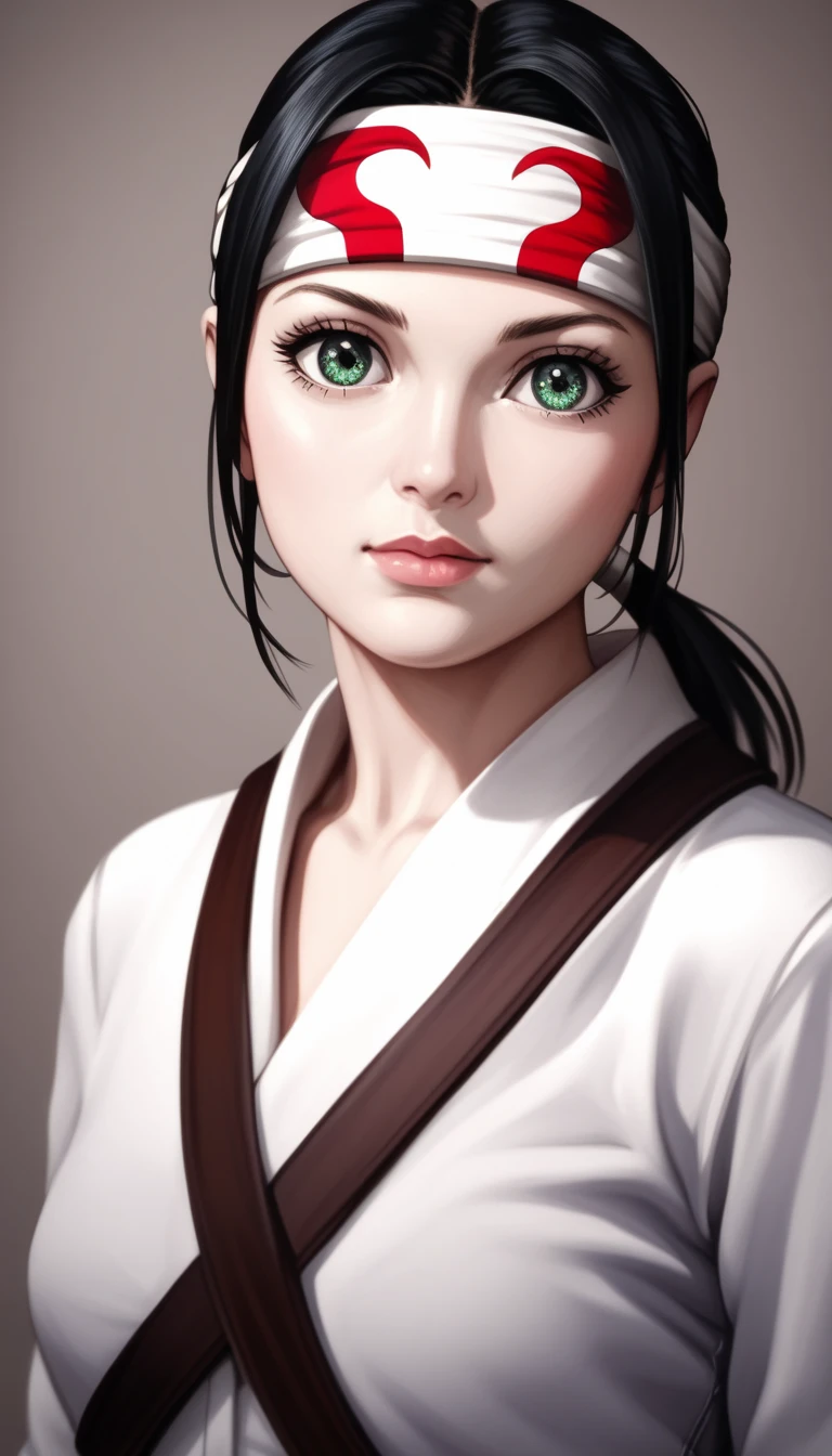 A detailed, intricate portrait of a young woman with black hair and green eyes, wearing a headband and her hair in a low ponytail, looking directly at the viewer, highly detailed, 4k, 8k, high resolution, masterpiece, ultra-detailed, realistic, photorealistic, HDR, studio lighting, vivid colors, sharp focus, physically-based rendering, extremely detailed description, professional