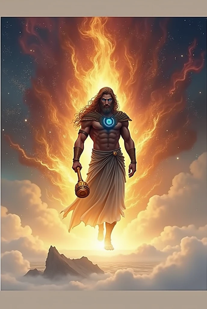 Create a image of man he is in space and his right hand is glowing with fire and left hand is with water and his left leg is with one snake and that snake colour is gold green and the space is full of theme of fire, water, land , sky,air