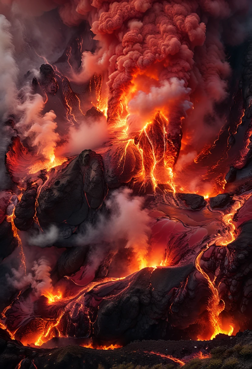 detailed volcanic eruption, massive eruption, volcanic landscape, fiery lava, billowing smoke, dramatic clouds, intense heat, glowing red lava, rocky terrain, molten rock, ash plumes, (best quality,4k,8k,highres,masterpiece:1.2),ultra-detailed,(realistic,photorealistic,photo-realistic:1.37),dramatic lighting, cinematic composition, vibrant colors, volumetric effects, hyperrealistic, intricate details, masterful rendering