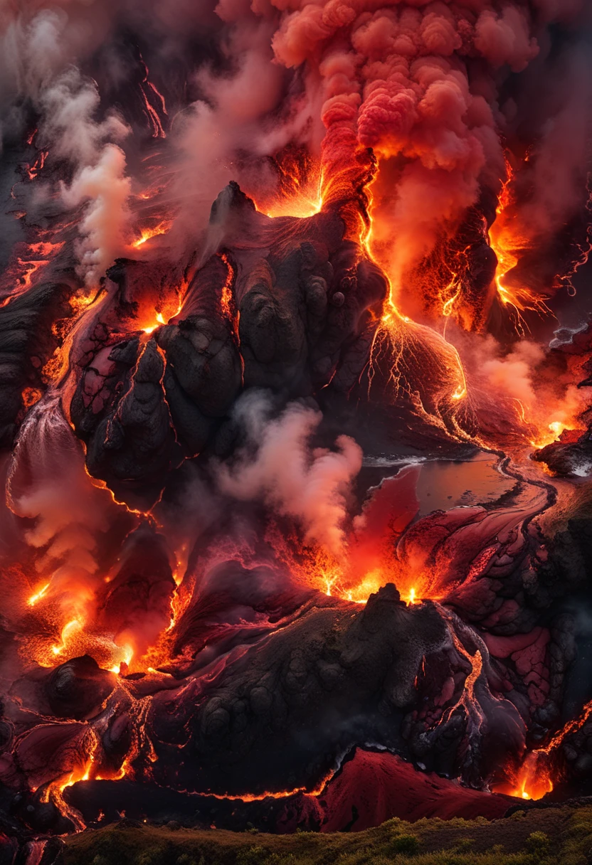 detailed volcanic eruption, massive eruption, volcanic landscape, fiery lava, billowing smoke, dramatic clouds, intense heat, glowing red lava, rocky terrain, molten rock, ash plumes, (best quality,4k,8k,highres,masterpiece:1.2),ultra-detailed,(realistic,photorealistic,photo-realistic:1.37),dramatic lighting, cinematic composition, vibrant colors, volumetric effects, hyperrealistic, intricate details, masterful rendering